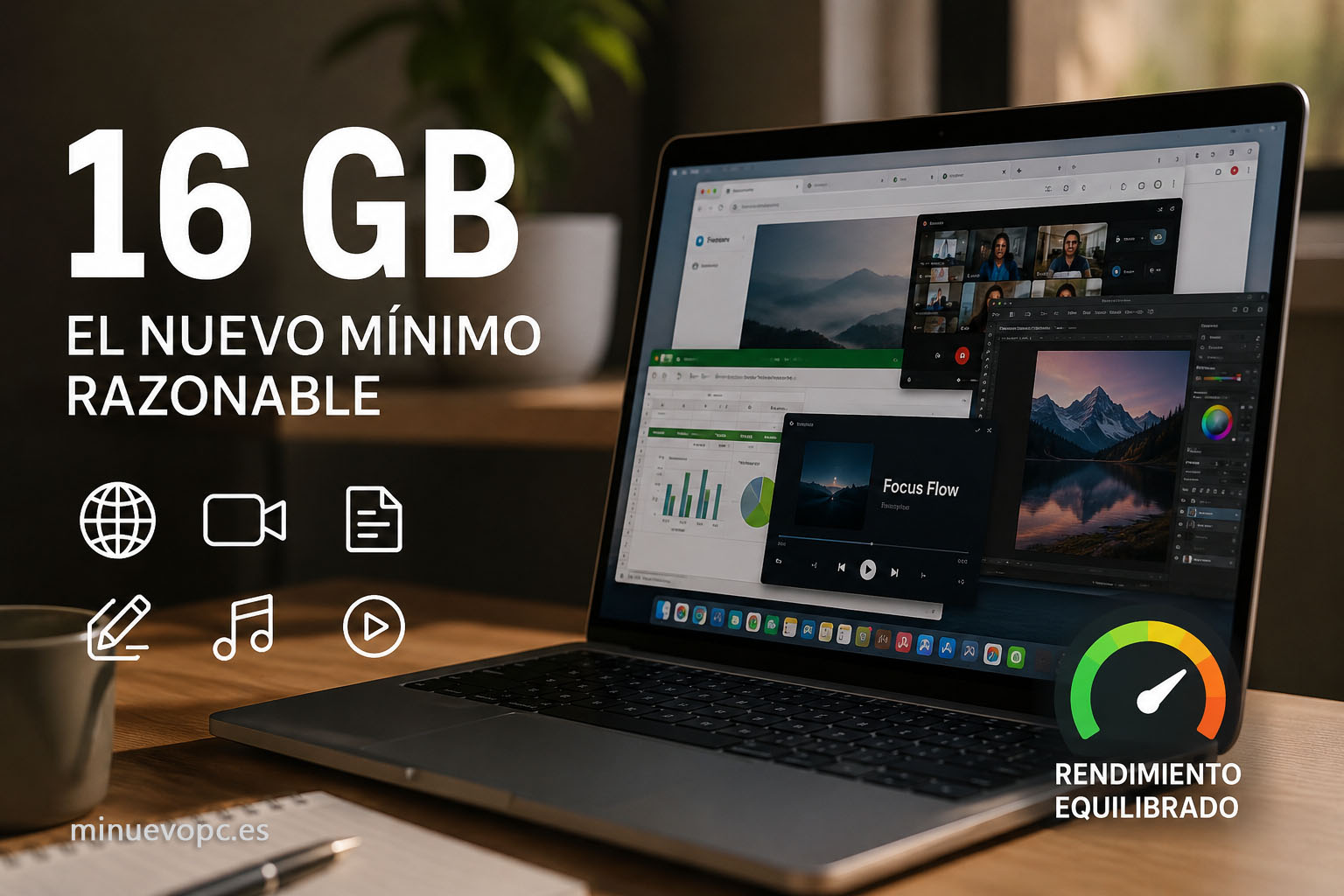 PC con 16 GB de RAM para multitarea, teletrabajo y estudios. La capacidad con mejor calidad precio para la mayoría de usuarios.
