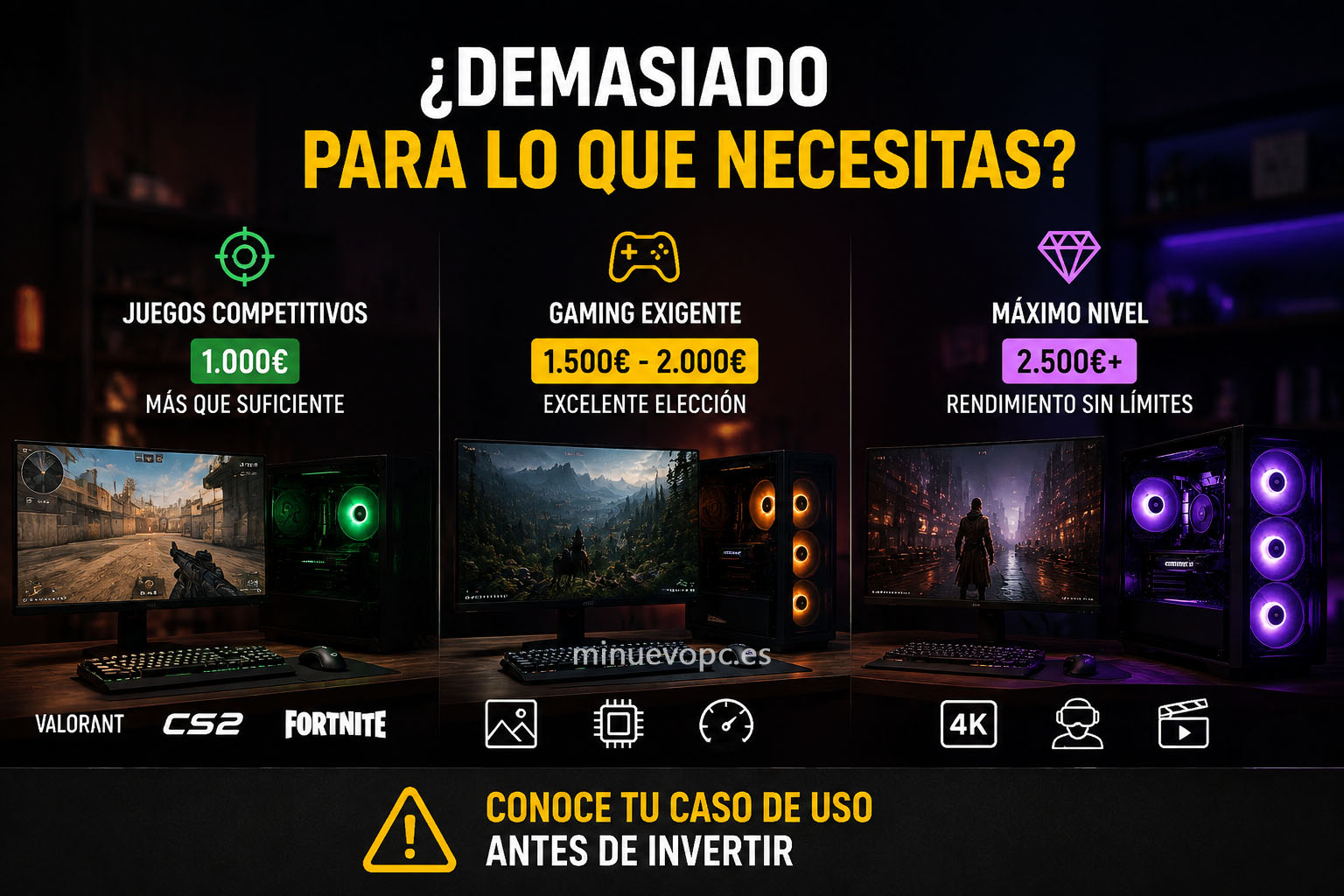 Comparativa de PCs gaming por presupuesto con torres RGB y monitores para decidir qué equipo comprar según tus necesidades reales