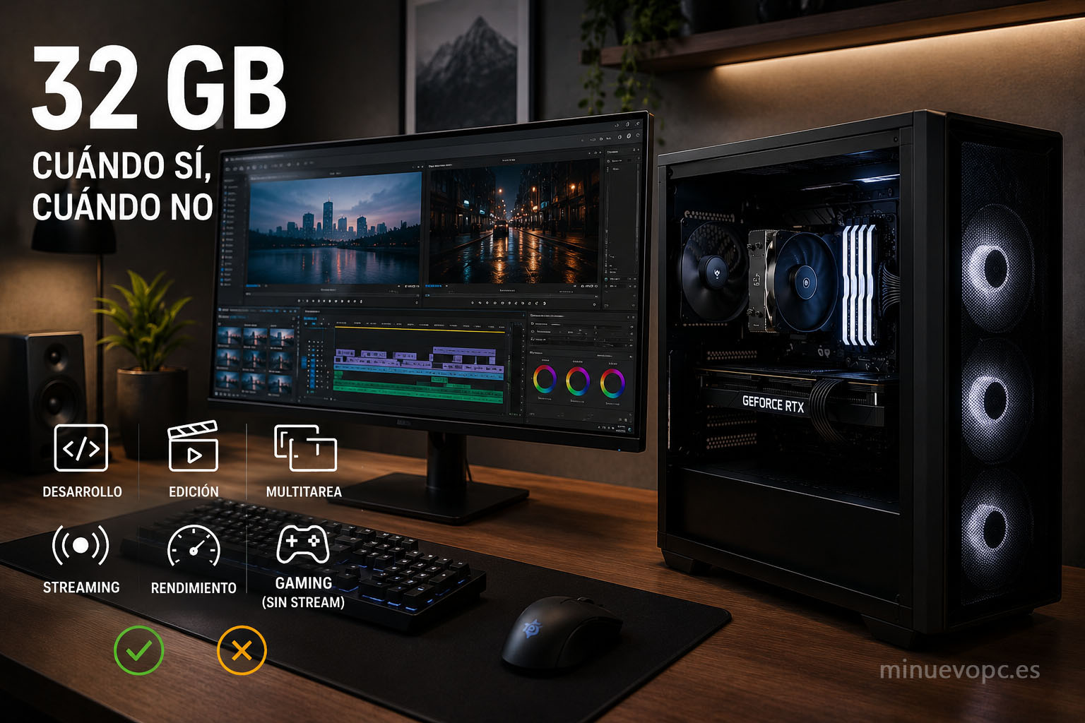 Ordenador con 32 GB de RAM recomendado para programación, edición de vídeo y multitarea intensiva. Guía para decidir si merece la pena comprar.
