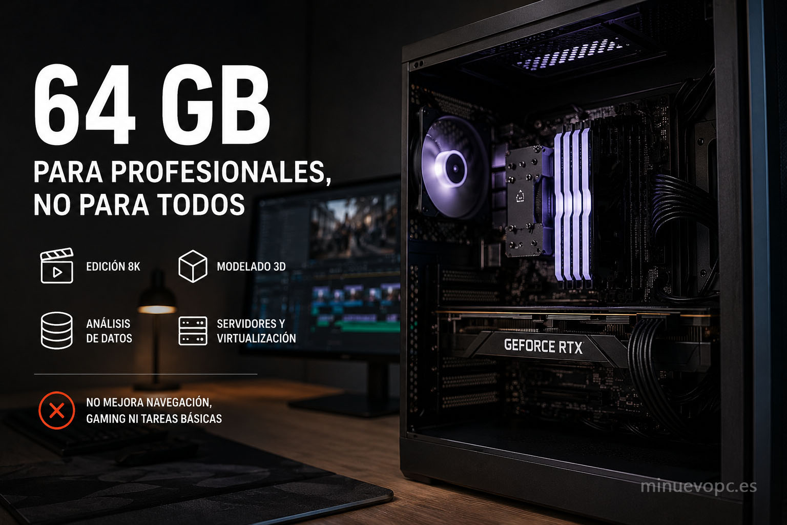 Estación de trabajo con 64 GB de RAM para edición 8K, modelado 3D y virtualización avanzada. Memoria orientada a profesionales exigentes.