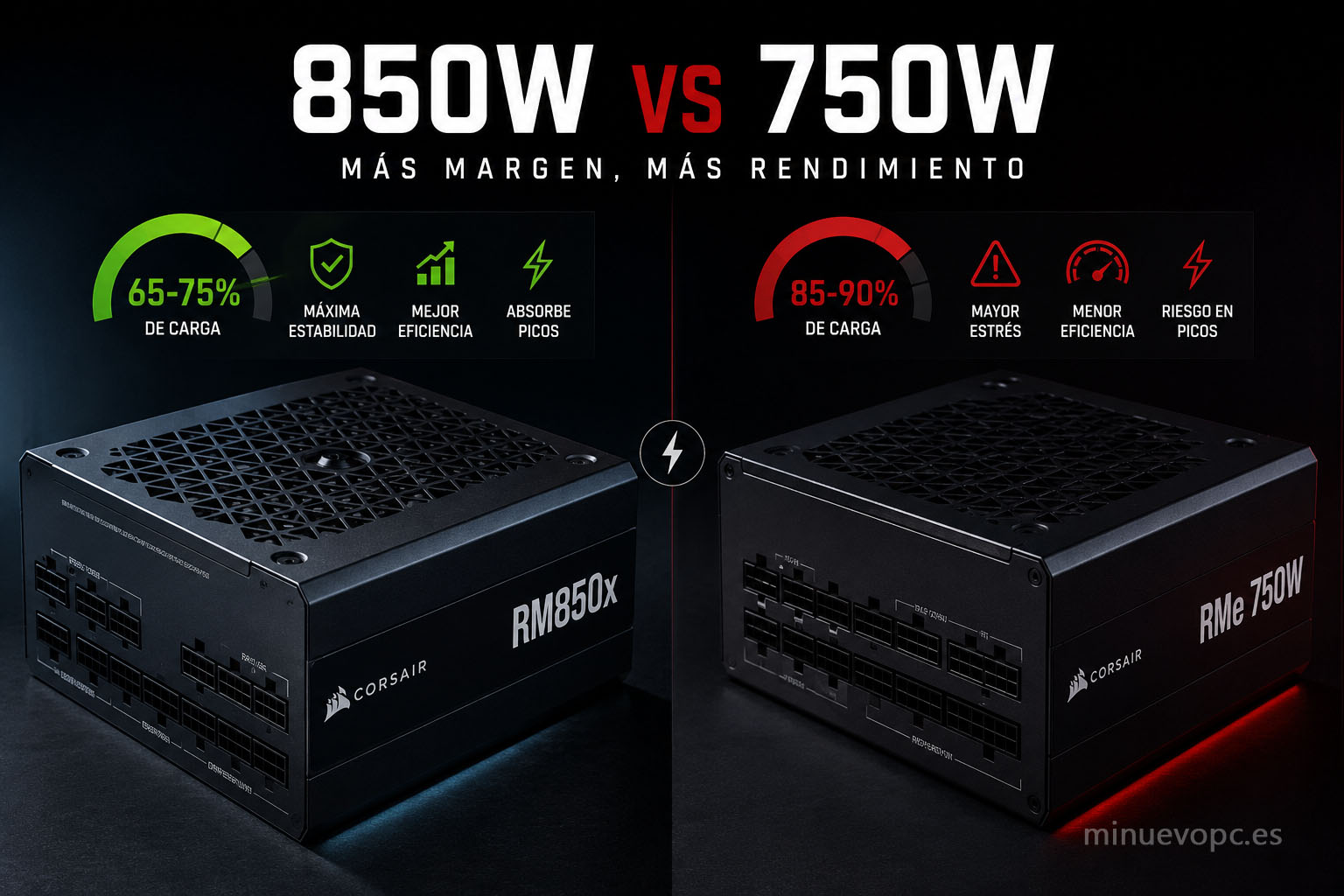 Fuente de alimentación 850W con margen de potencia para absorber picos de consumo de una GPU gaming de alto rendimiento y mejorar la estabilidad del sistema