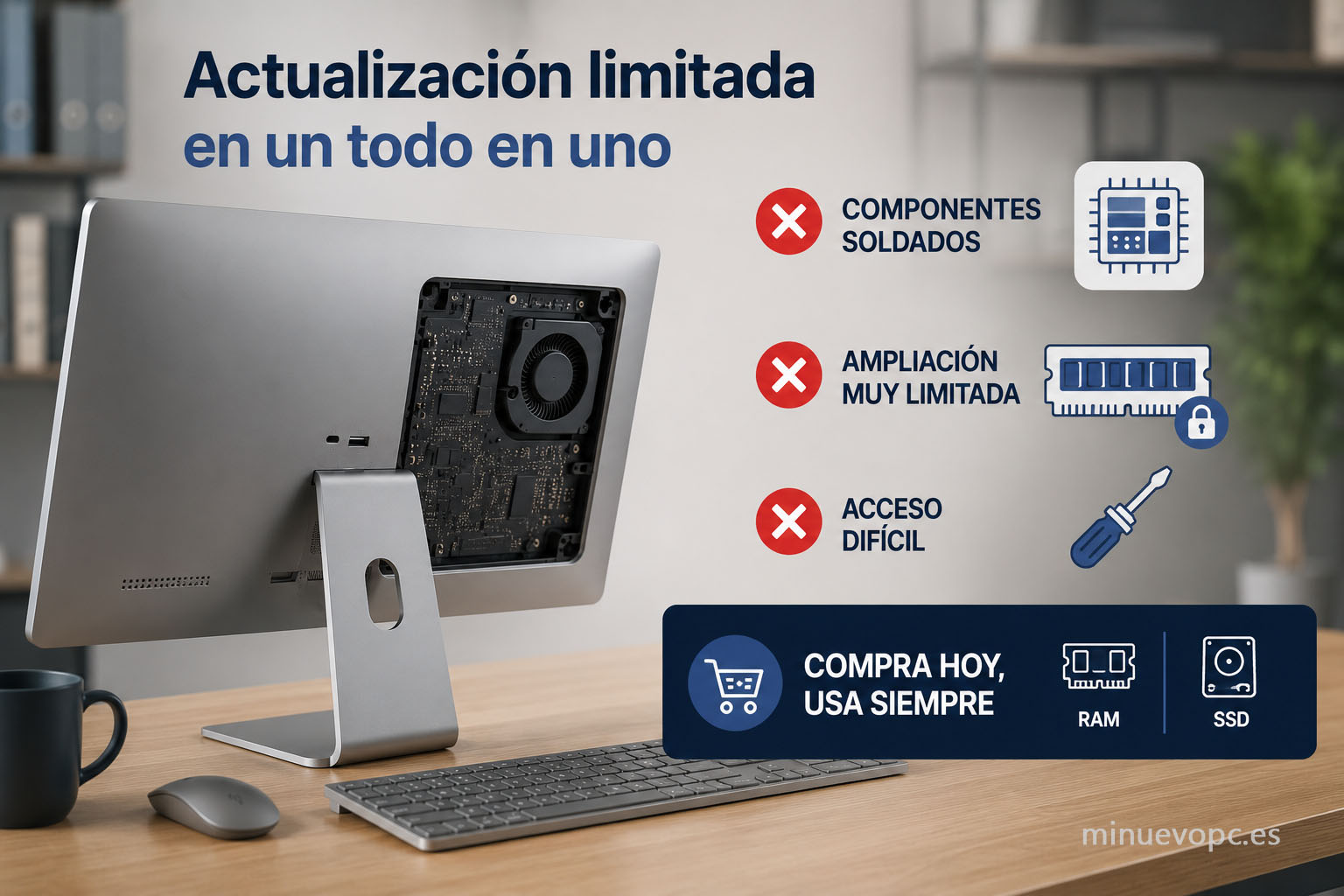 Interior de un PC todo en uno mostrando las limitaciones para ampliar RAM y SSD antes de comprar un equipo para oficina