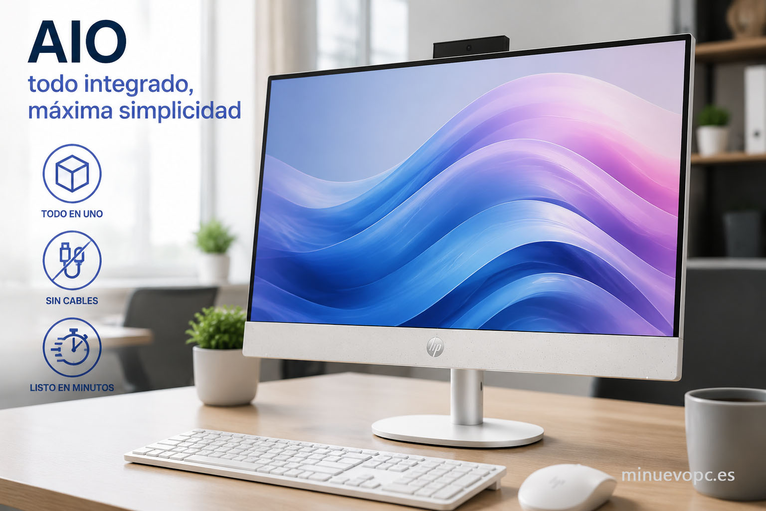 PC todo en uno para oficina con escritorio limpio, sin torre ni cables visibles, ideal para ahorrar espacio y mejorar la imagen profesional