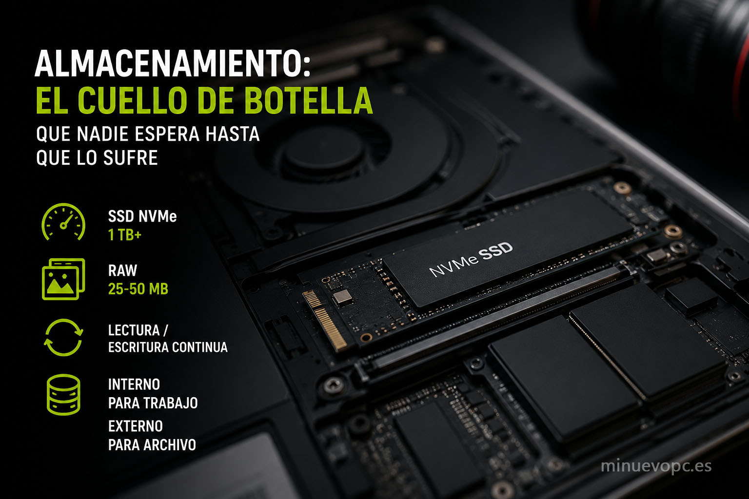 Portátil de edición fotográfica junto a un SSD, pensado para trabajar con archivos RAW y catálogos de Lightroom sin esperas ni cuellos de botella