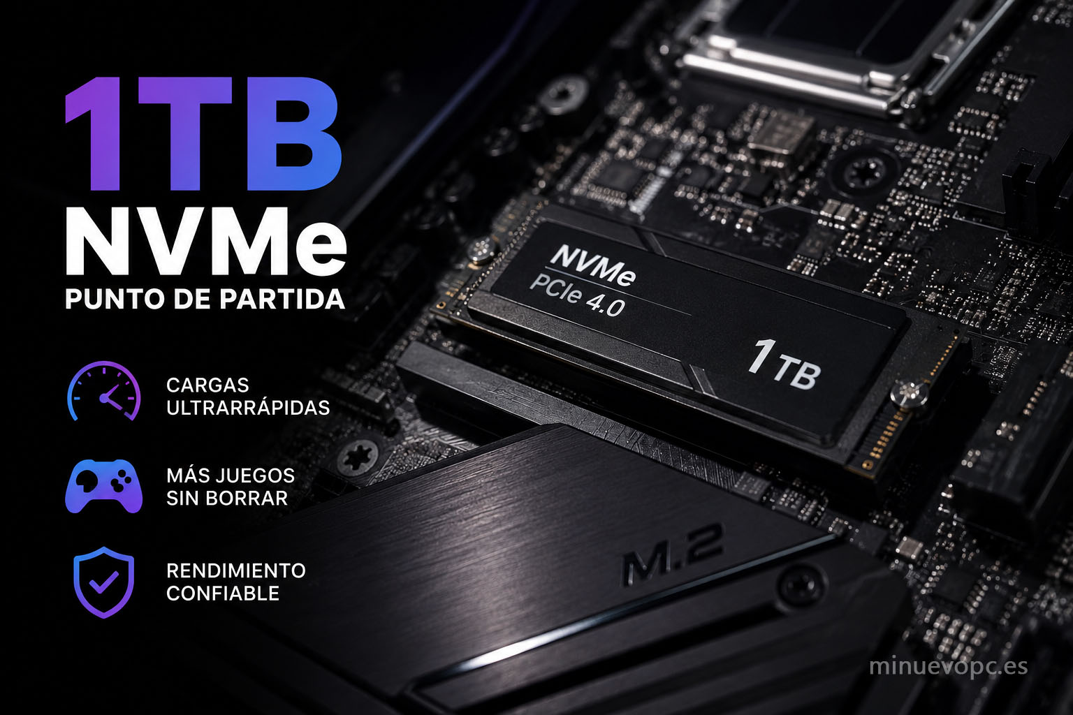 SSD NVMe de 1 TB PCIe 4.0 en ordenador gaming, ideal para comprar un PC con cargas rápidas, espacio suficiente y excelente rendimiento diario