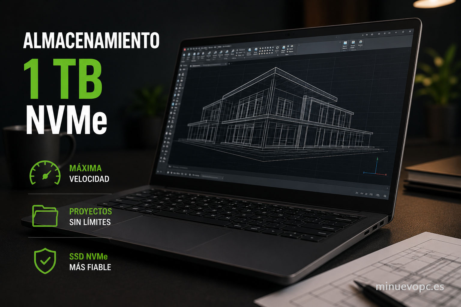 SSD NVMe de 1 TB en portátil para AutoCAD con almacenamiento rápido y espacio suficiente para proyectos BIM, modelos 3D y archivos de gran tamaño