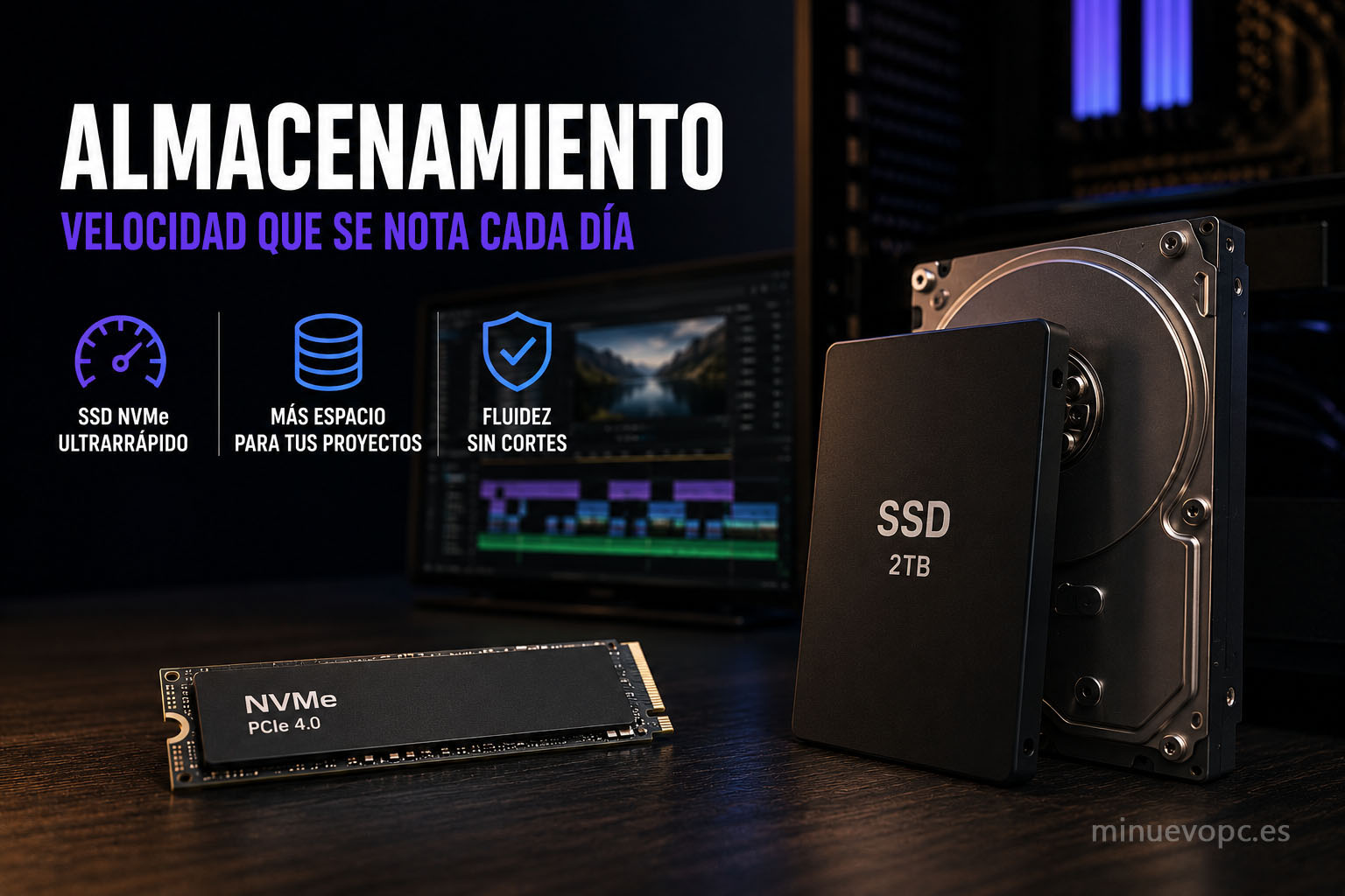 SSD NVMe de alta velocidad para edición de vídeo con cargas rápidas, reproducción fluida del timeline y mejor productividad diaria