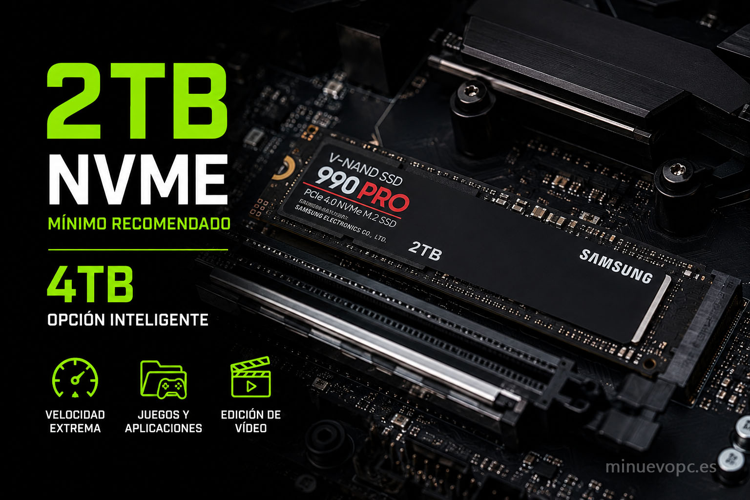 SSD NVMe de 2 TB y 4 TB en PC gaming de alto nivel, almacenamiento rápido para juegos, edición de vídeo y bibliotecas de gran tamaño