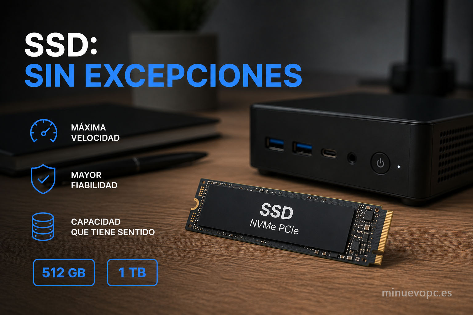 SSD NVMe para mini PC profesional con alta velocidad y capacidad, una opción fiable para comprar un equipo para despacho de oficina rápido y preparado para trabajar