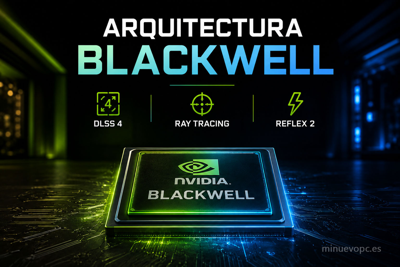 Chip NVIDIA Blackwell iluminado en verde y azul junto a iconos de DLSS 4, ray tracing y Reflex 2, mostrando la arquitectura común de RTX 5070 y 5080