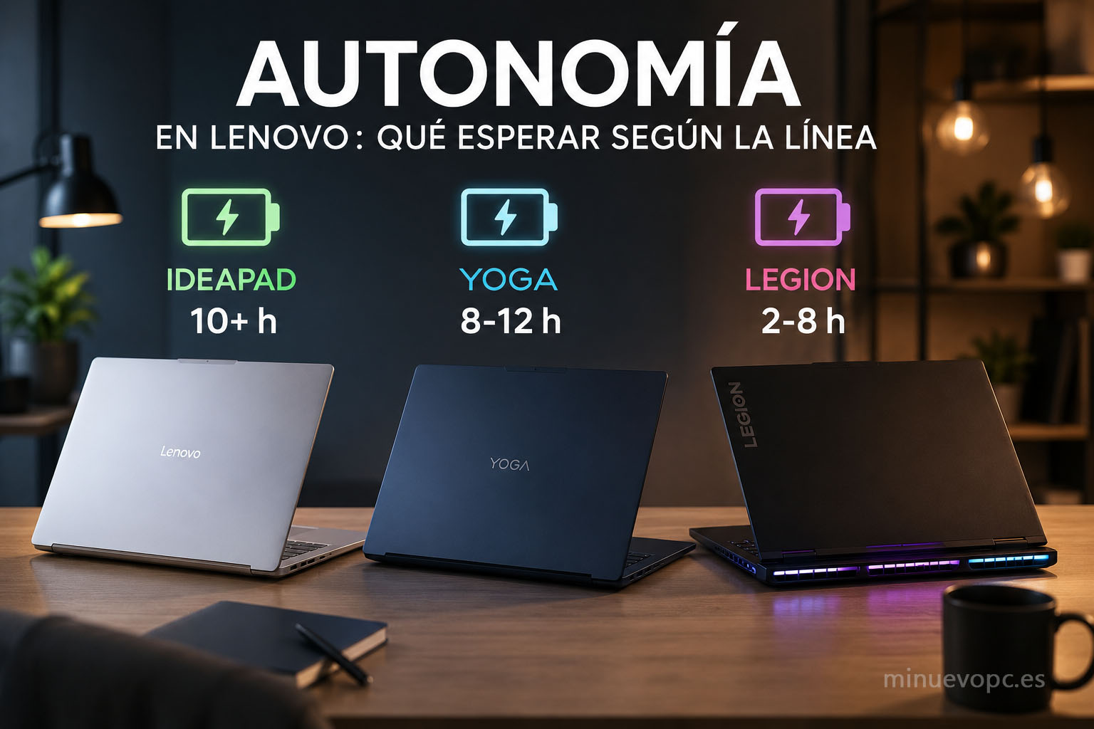 Autonomía de los portátiles Lenovo IdeaPad, Yoga y Legion comparada según el tipo de uso, trabajo, movilidad y sesiones de gaming