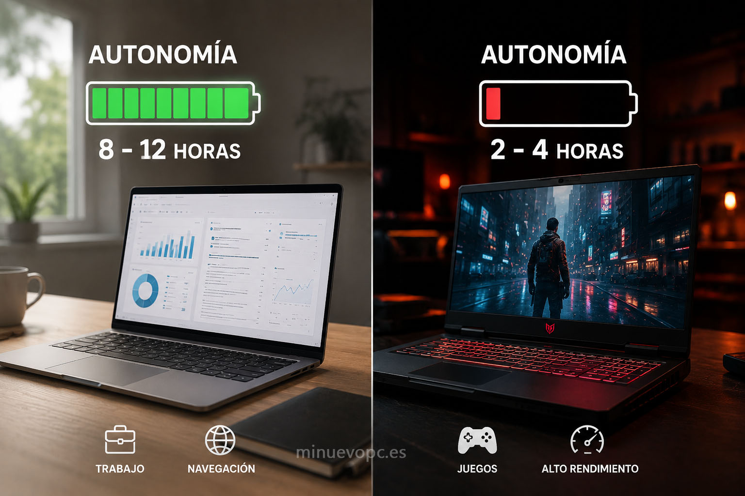Comparación de autonomía entre portátil gaming y portátil convencional para elegir un portátil con mayor duración de batería y mejor experiencia diaria