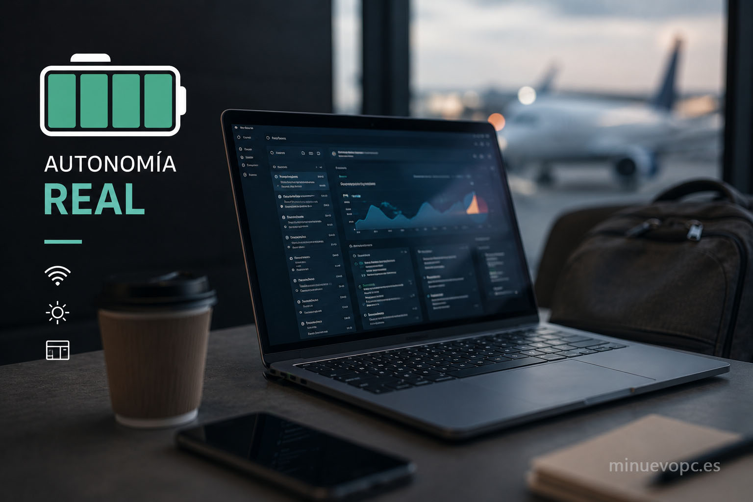 Batería de portátil de viaje con autonomía real para trabajar sin cargador, comparando duración, eficiencia y rendimiento en uso diario