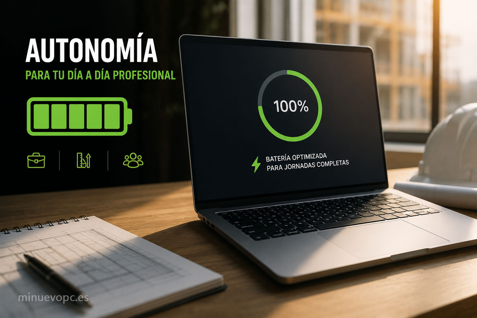 Portátil con gran autonomía para AutoCAD y diseño técnico, ideal para trabajar durante horas en obra, reuniones o movilidad sin depender del cargador