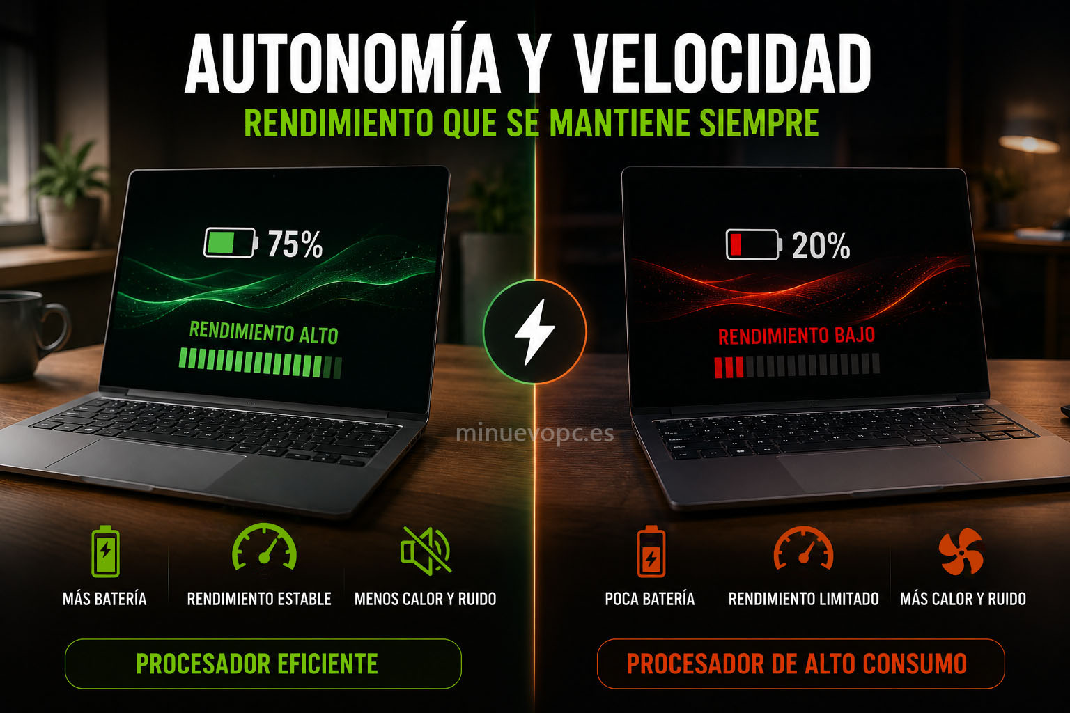 Portátil con batería de larga duración y rendimiento estable frente a un equipo de mayor consumo y menor autonomía