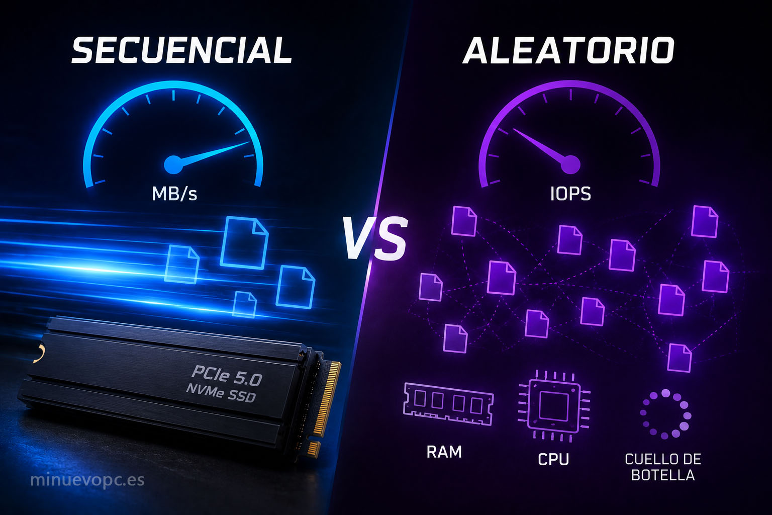 SSD NVMe Gen5 explicando la diferencia entre velocidad secuencial e IOPS reales para entender el rendimiento en juegos y uso diario