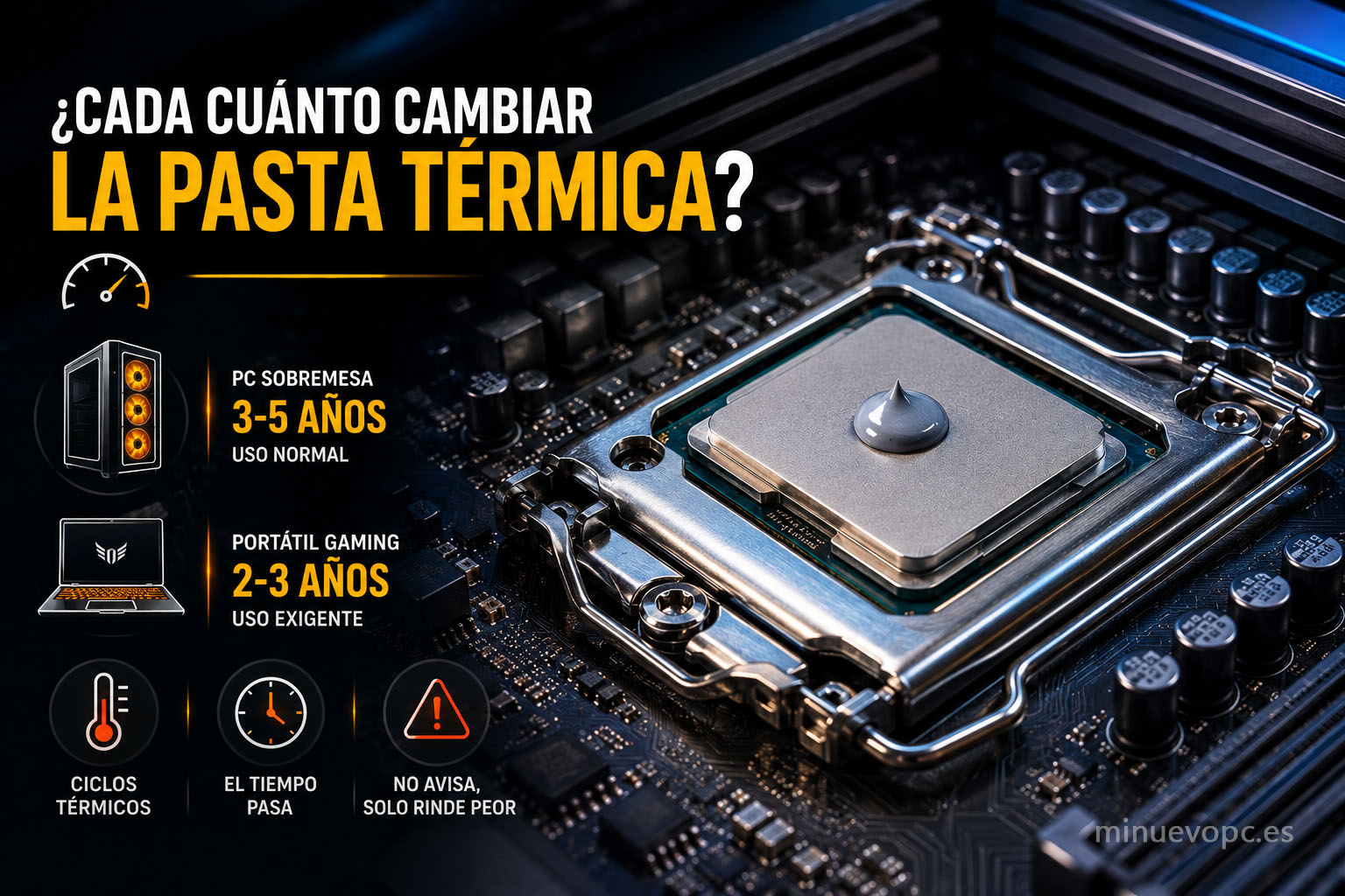Aplicación de pasta térmica sobre un procesador en placa base con guía visual de los intervalos recomendados para PC y portátil gaming.