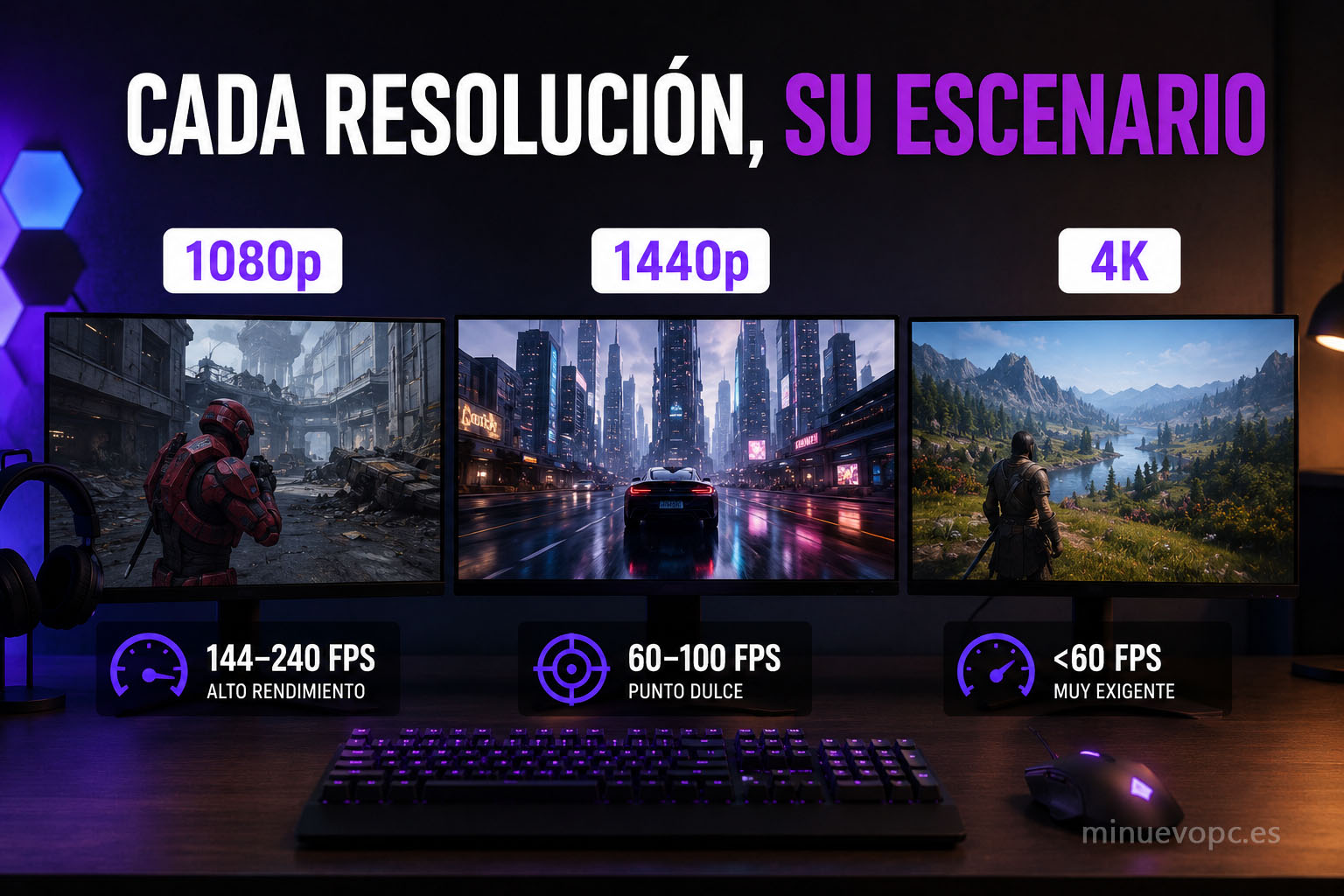 Tres monitores comparando 1080p, 1440p y 4K para mostrar la resolución ideal según el rendimiento de un PC gaming calidad precio en este presupuesto