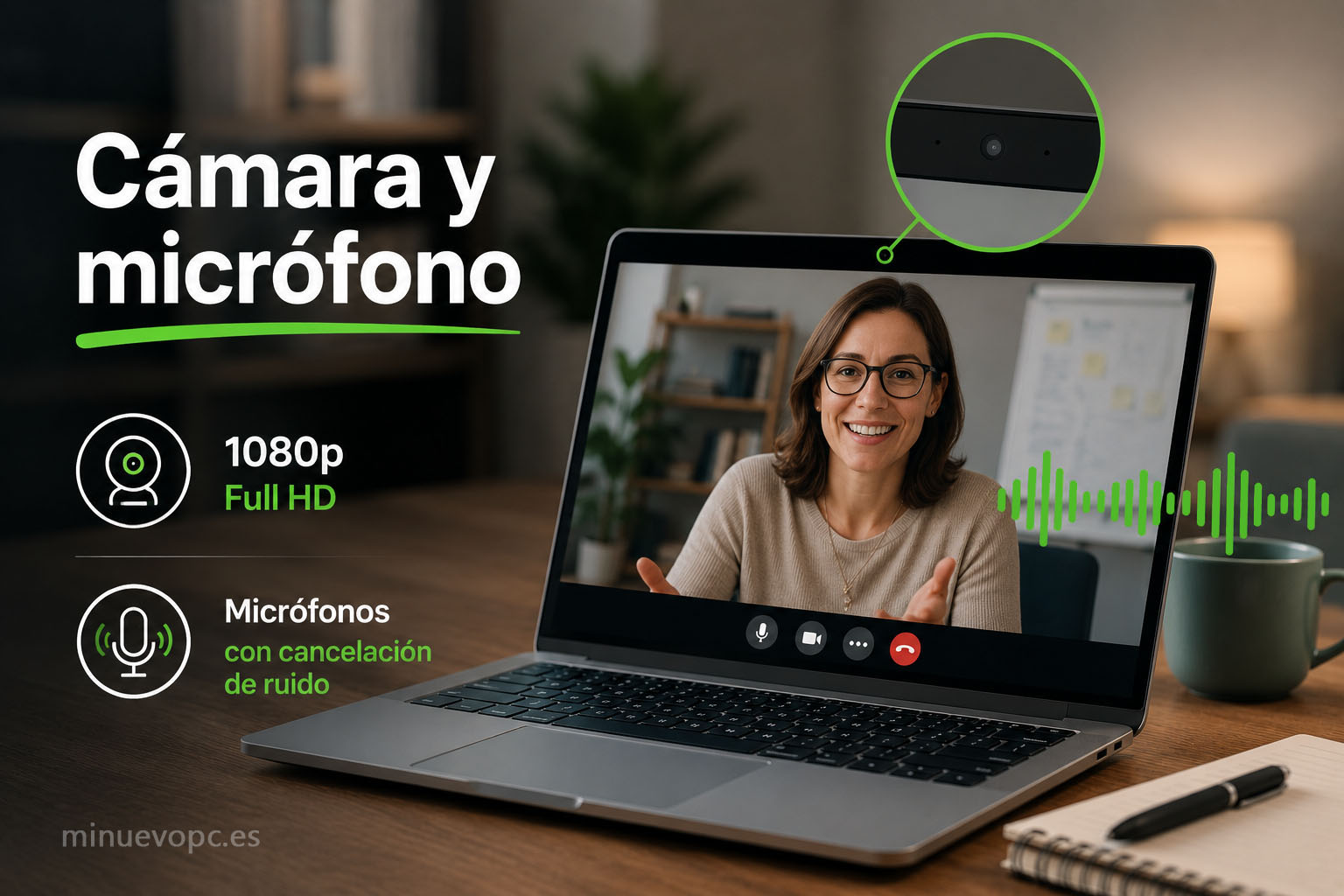 Portátil con cámara Full HD y micrófonos con cancelación de ruido para videollamadas, clases online y reuniones con excelente calidad de imagen y sonido