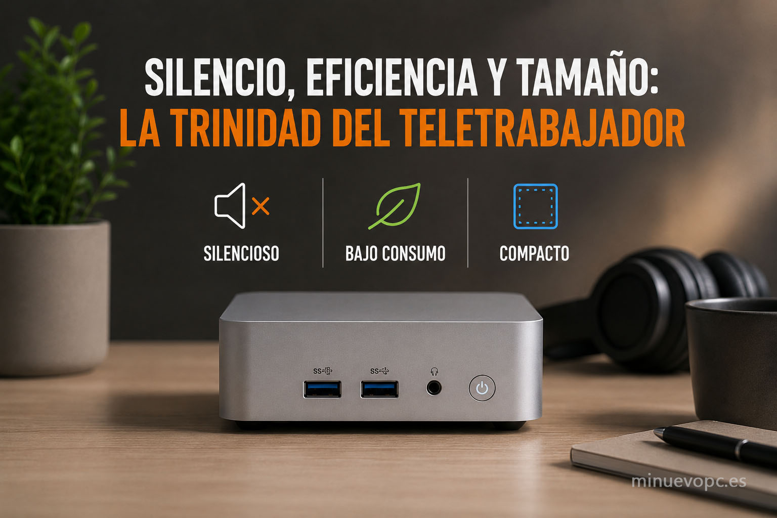 Mini PC compacto y silencioso para teletrabajo con bajo consumo energético, ideal relacion calidad precio para espacios pequeños.