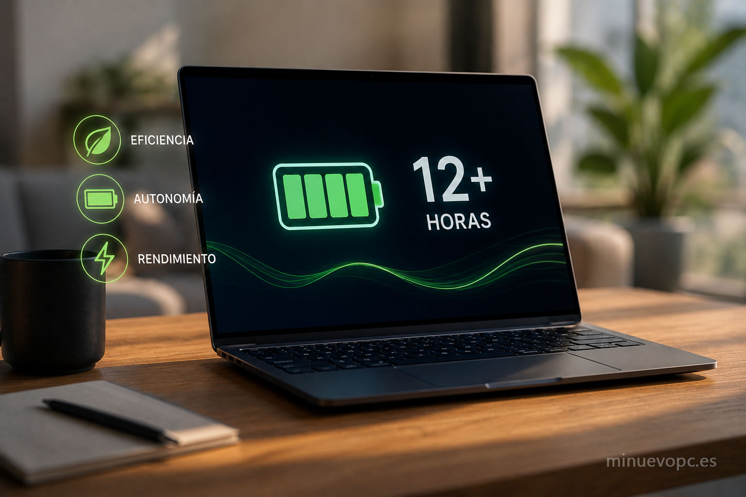 Portátil eficiente con gran autonomía de batería para trabajar todo el día, ideal para movilidad, teletrabajo y uso profesional intensivo