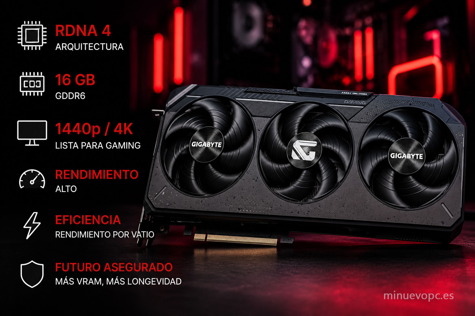 Tarjeta gráfica AMD Radeon RX 9070 XT con 16 GB de VRAM destacando su rendimiento en 1440p y excelente relación rendimiento precio