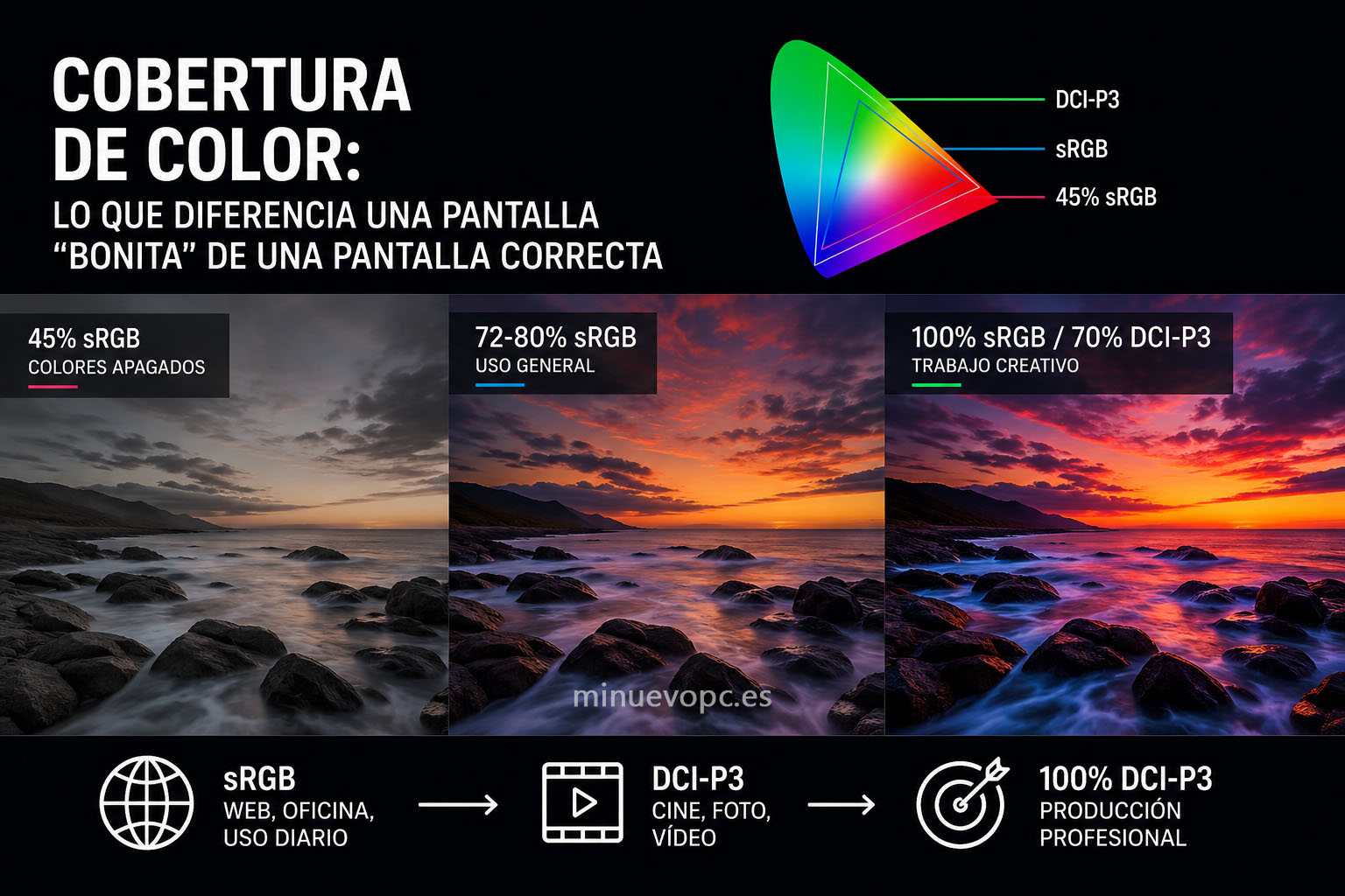 Comparativa visual de cobertura de color con paisajes apagados y vibrantes que explica sRGB y DCI-P3 al comprar un portátil para diseño o uso general