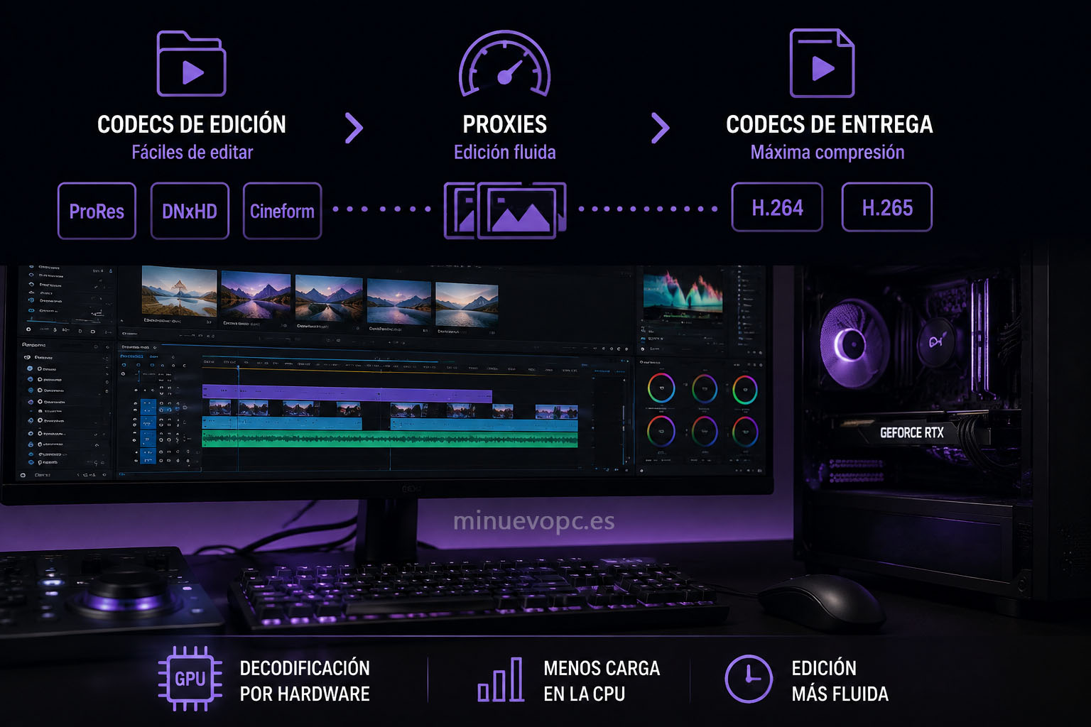 Flujo de trabajo de vídeo con codecs ProRes, H.265 y proxies en monitor de edición junto a una GPU con decodificación por hardware