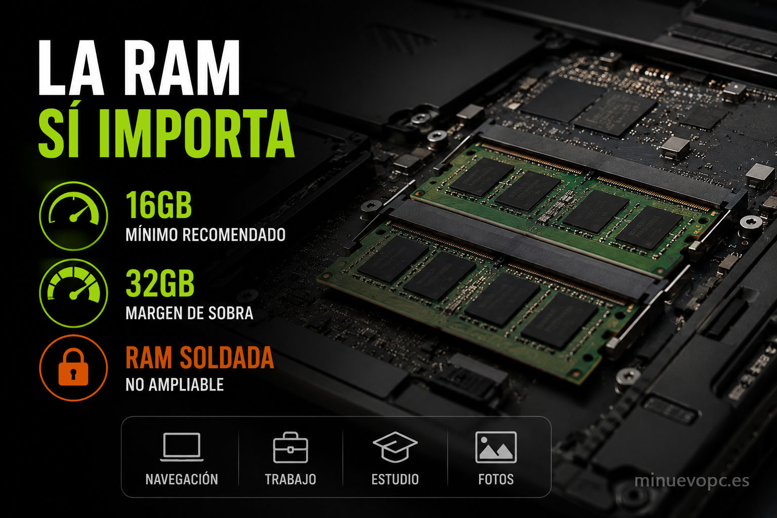 Memoria RAM de portátil con configuraciones de 16 GB y 32 GB recomendadas para un uso fluido y preparado para varios años