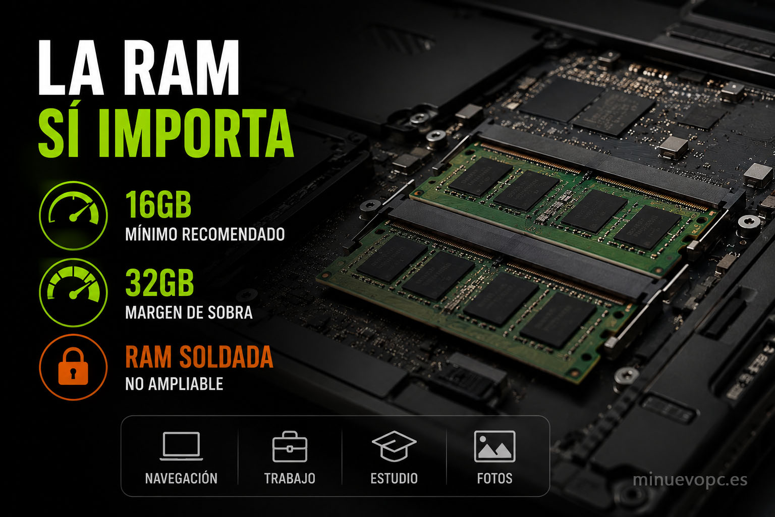 Memoria RAM de portátil con configuraciones de 16 GB y 32 GB recomendadas para un uso fluido y preparado para varios años