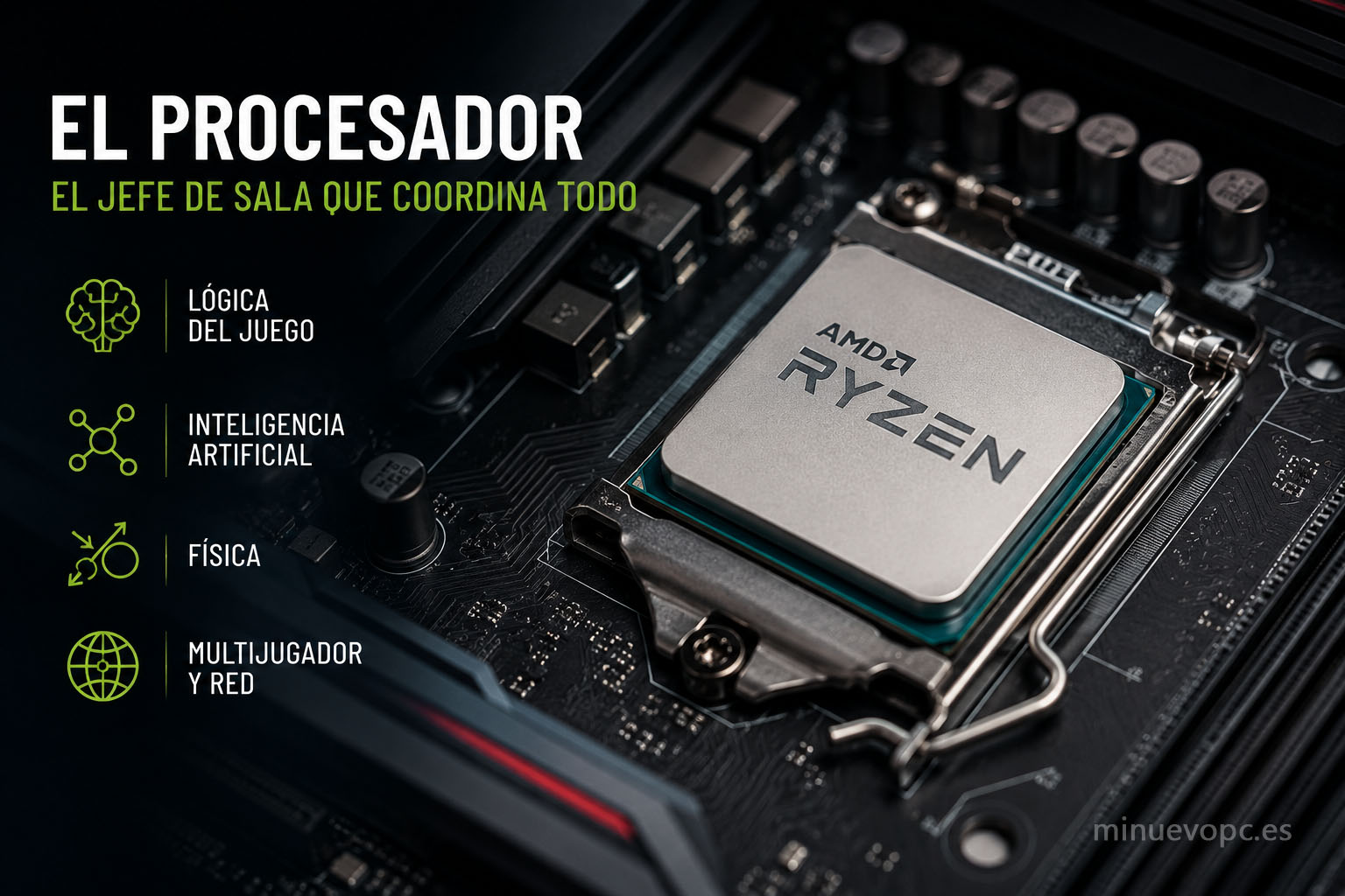 Procesador gaming coordinando la lógica del juego, la inteligencia artificial y la física para evitar cuellos de botella y ganar fluidez.