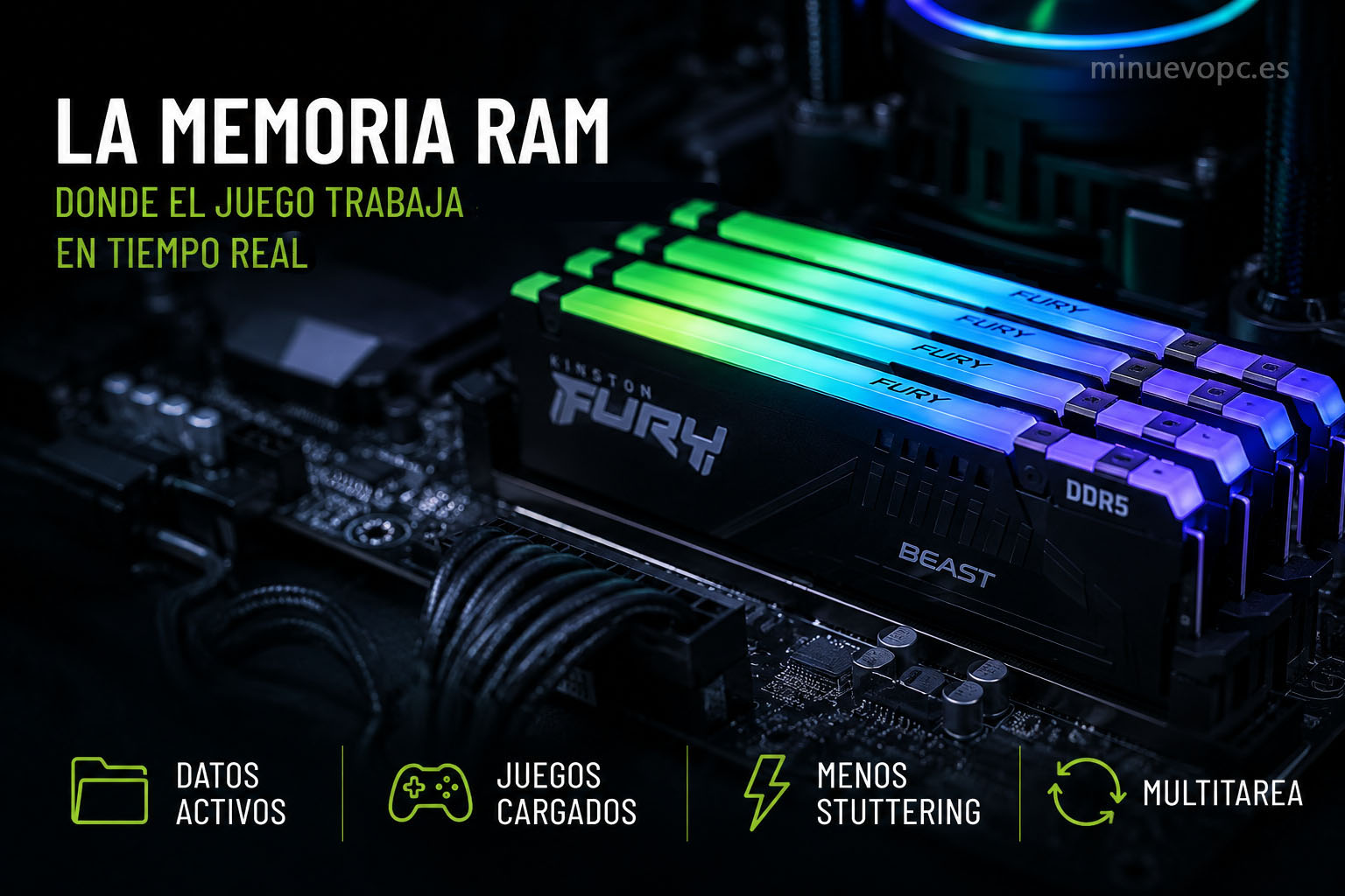 Memoria RAM DDR5 instalada en placa base gaming mostrando la importancia de 16 GB o 32 GB para jugar sin tirones ni bloqueos.