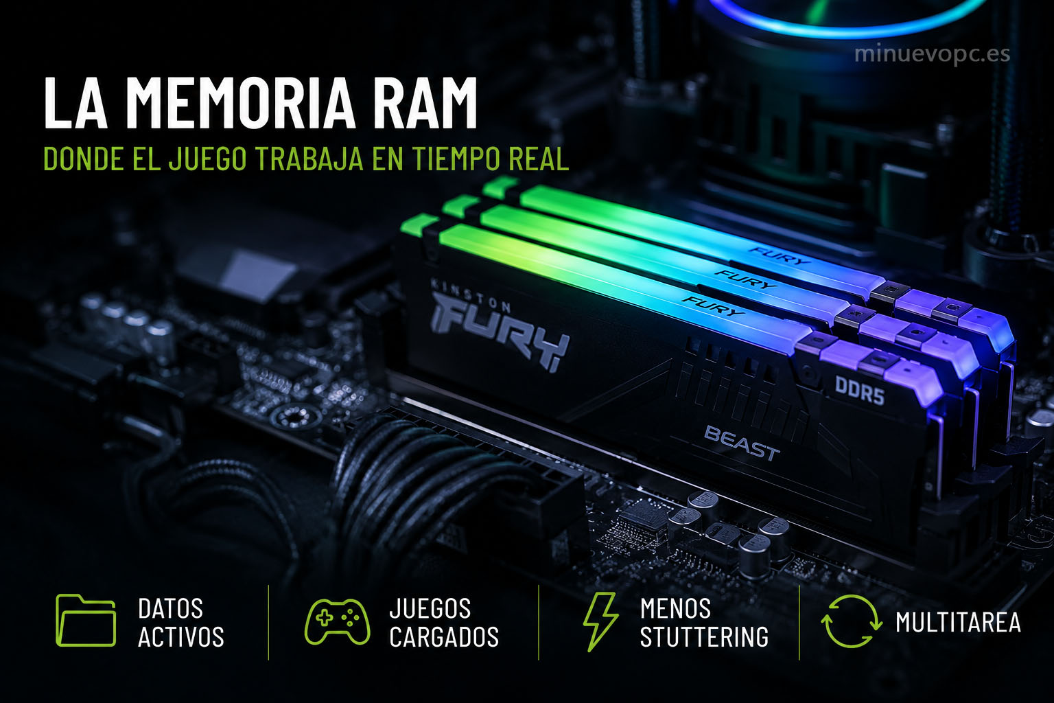 Memoria RAM DDR5 instalada en placa base gaming mostrando la importancia de 16 GB o 32 GB para jugar sin tirones ni bloqueos.