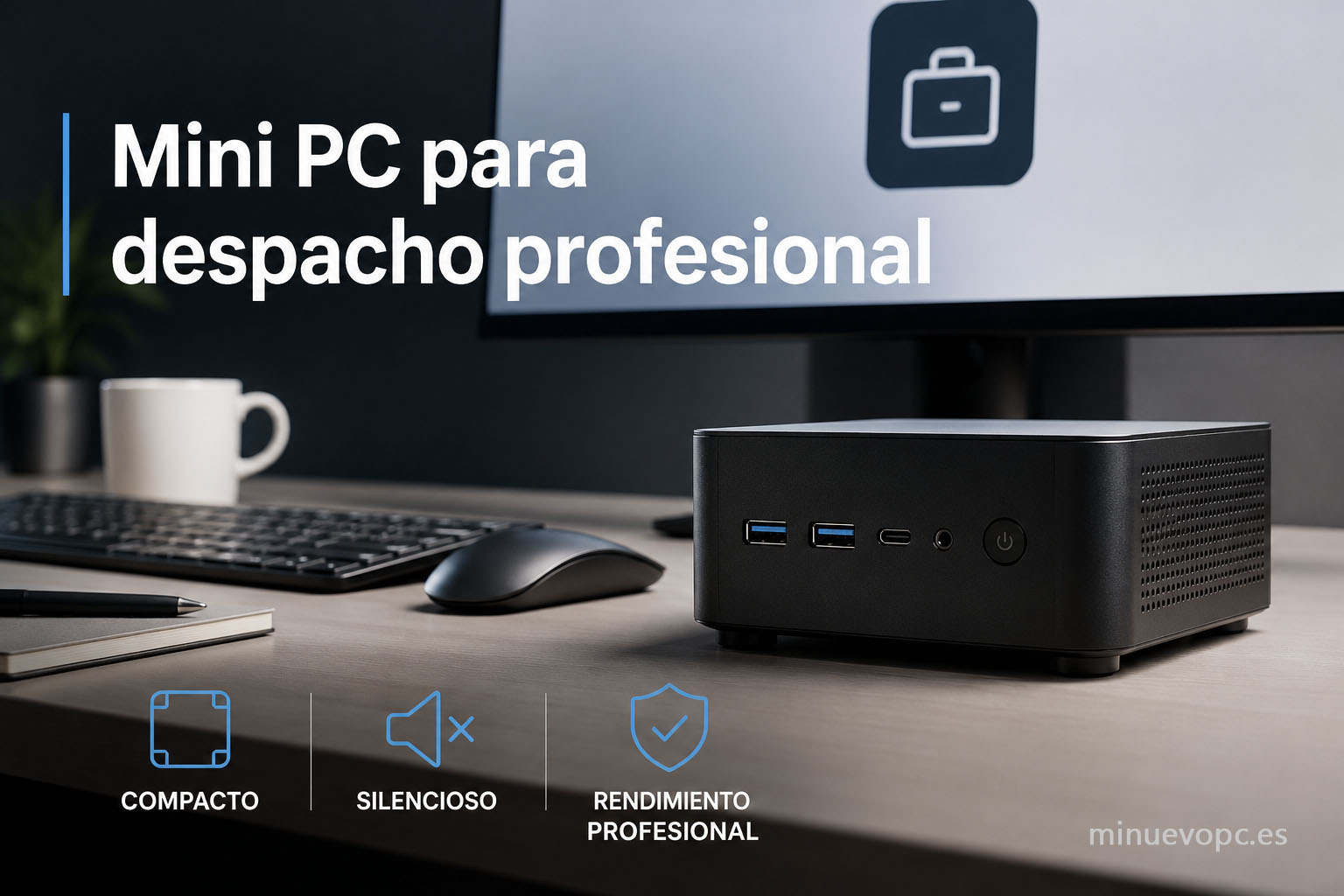 Mini PC para despacho profesional compacto y silencioso sobre escritorio moderno, ideal para comprar un equipo de oficina con gran rendimiento