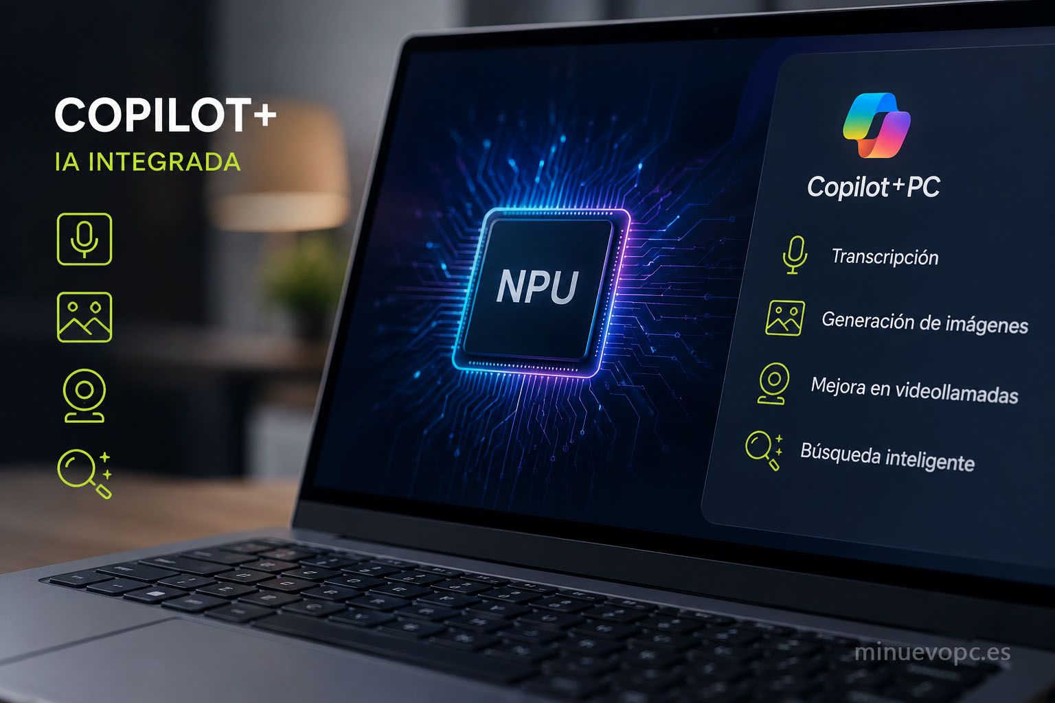 Portátil Copilot+ con NPU dedicada para funciones de inteligencia artificial, productividad avanzada y herramientas creativas aceleradas