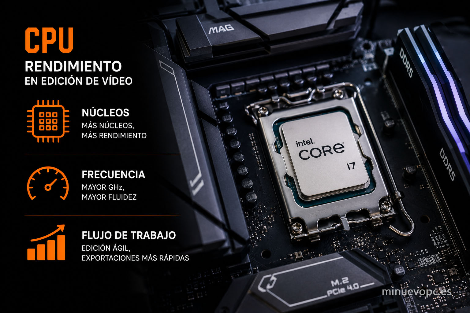 Procesador moderno instalado en una placa base de última generación para editar vídeo con mayor velocidad, fluidez y rendimiento profesional