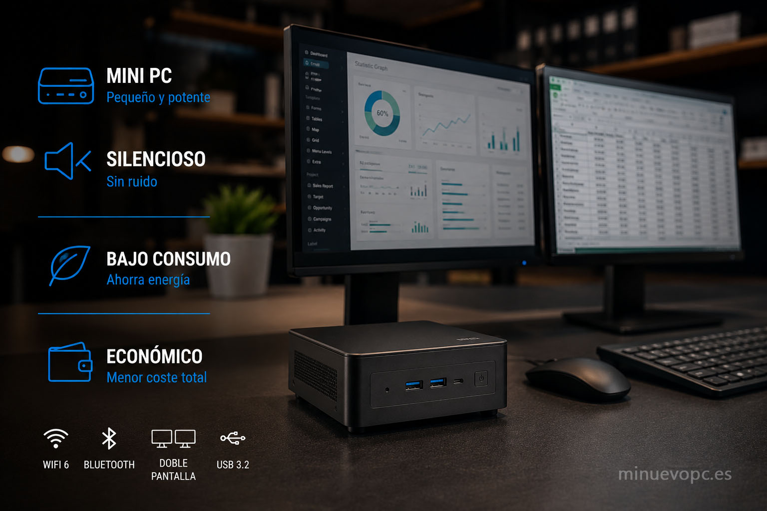 Mini PC para comercio y oficina con doble monitor, bajo consumo energético, funcionamiento silencioso y mantenimiento económico