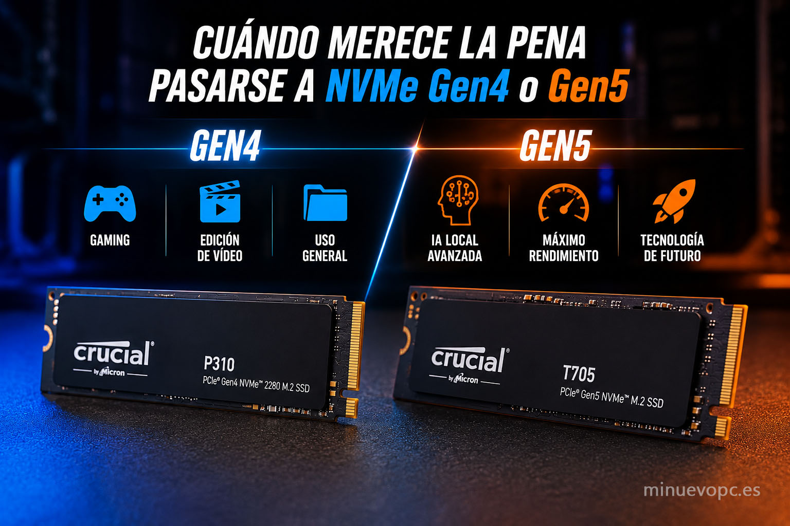 SSD NVMe Gen4 y Gen5 para gaming, edición de vídeo e inteligencia artificial local, comparativa visual para elegir la mejor opción según uso