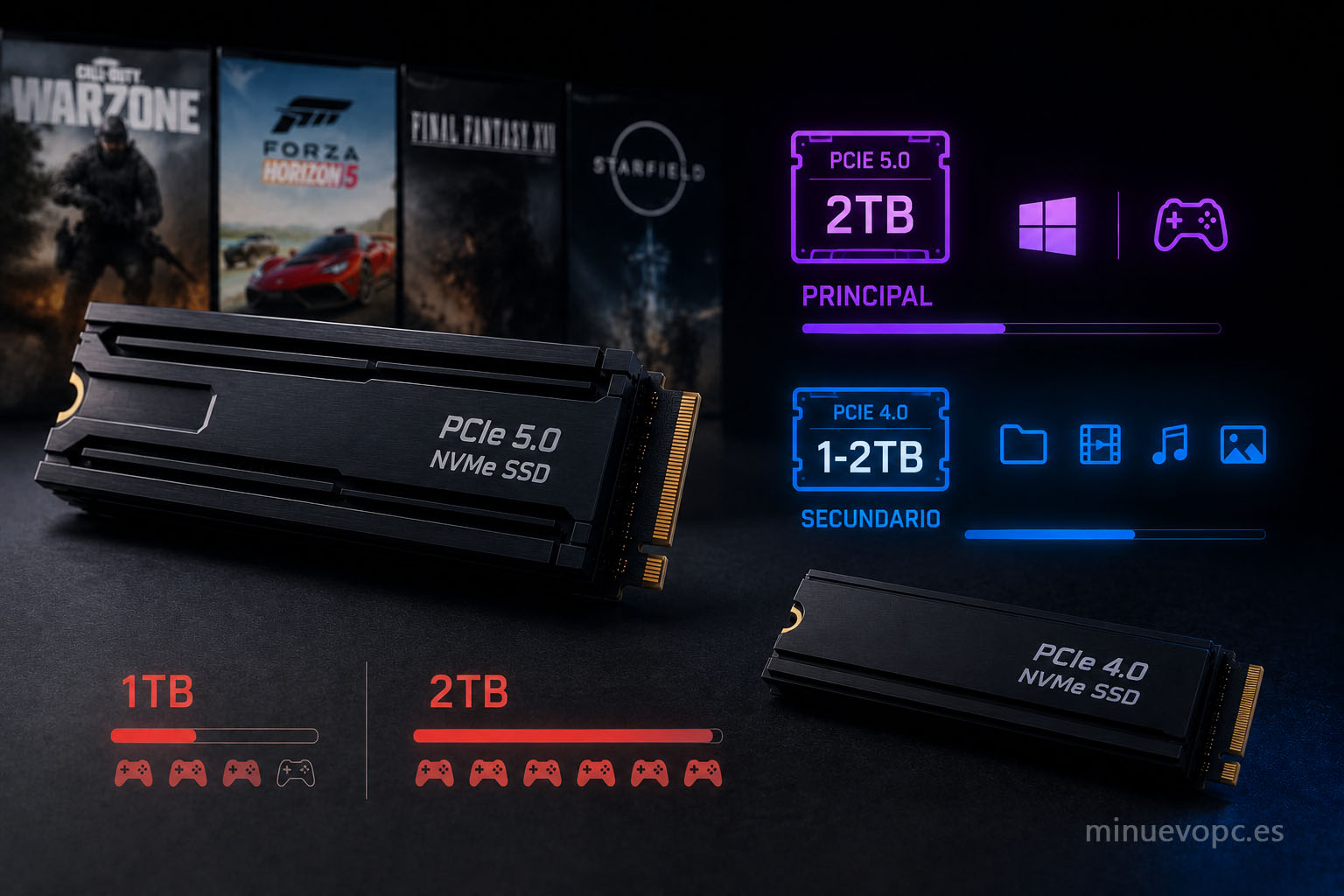 Comparativa entre SSD NVMe Gen5 de 1 TB y 2 TB para elegir la capacidad adecuada según juegos, sistema operativo y almacenamiento