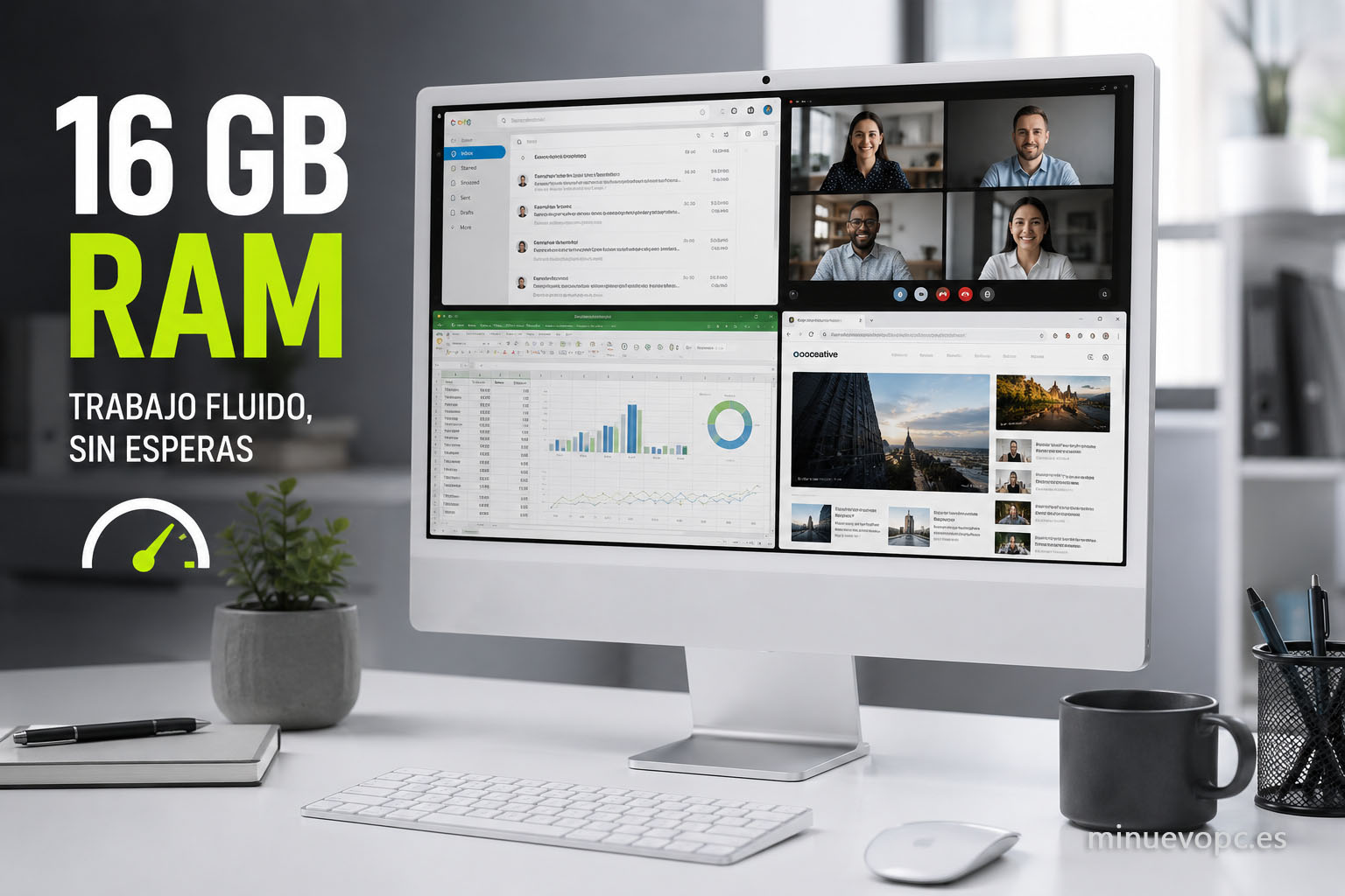 Ordenador de oficina ejecutando videollamada, correo, navegador y hoja de cálculo simultáneamente con 16 GB de RAM