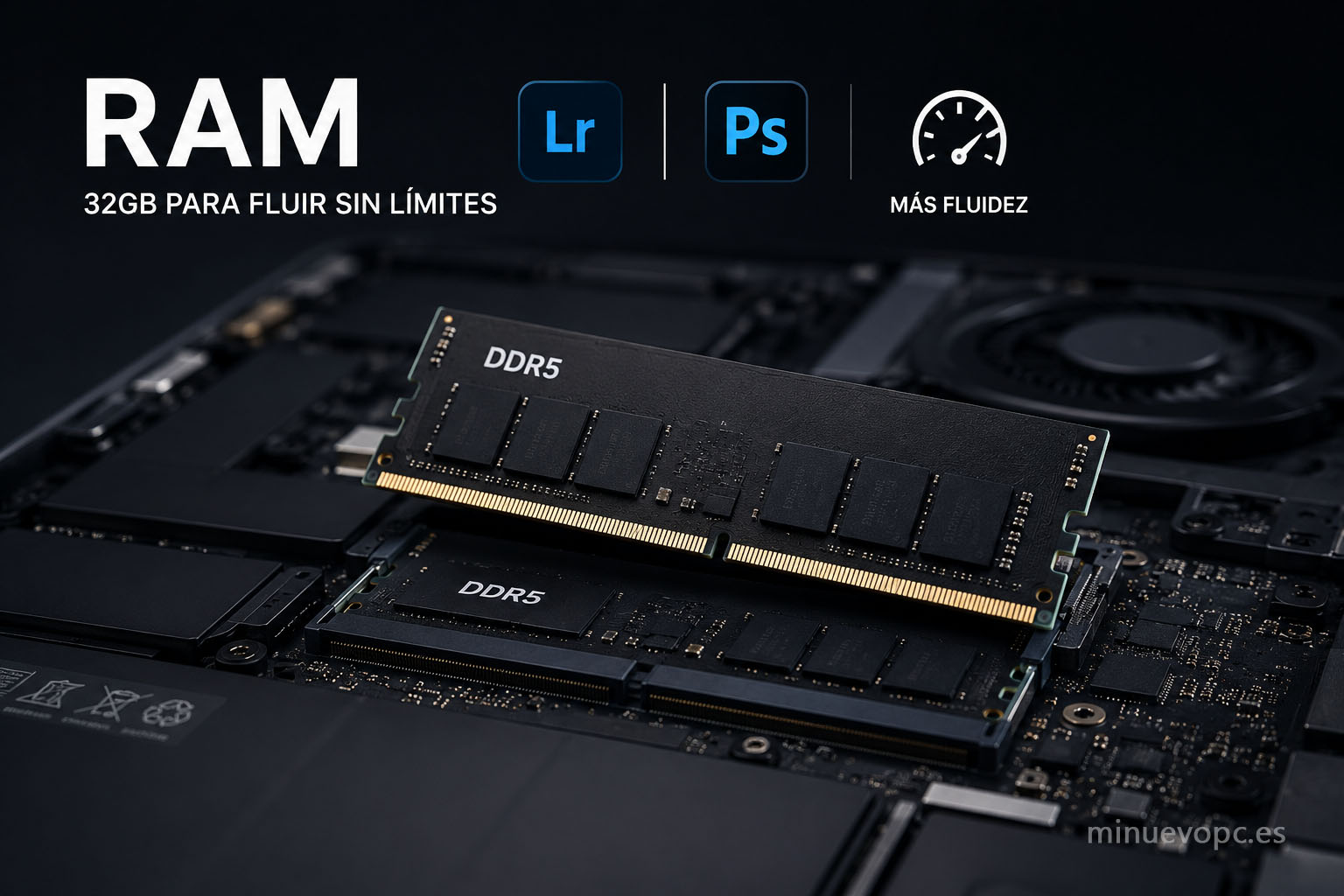 Memoria RAM DDR5 de 32 GB recomendada para Lightroom y Photoshop con mayor fluidez en catálogos RAW y proyectos complejos.
