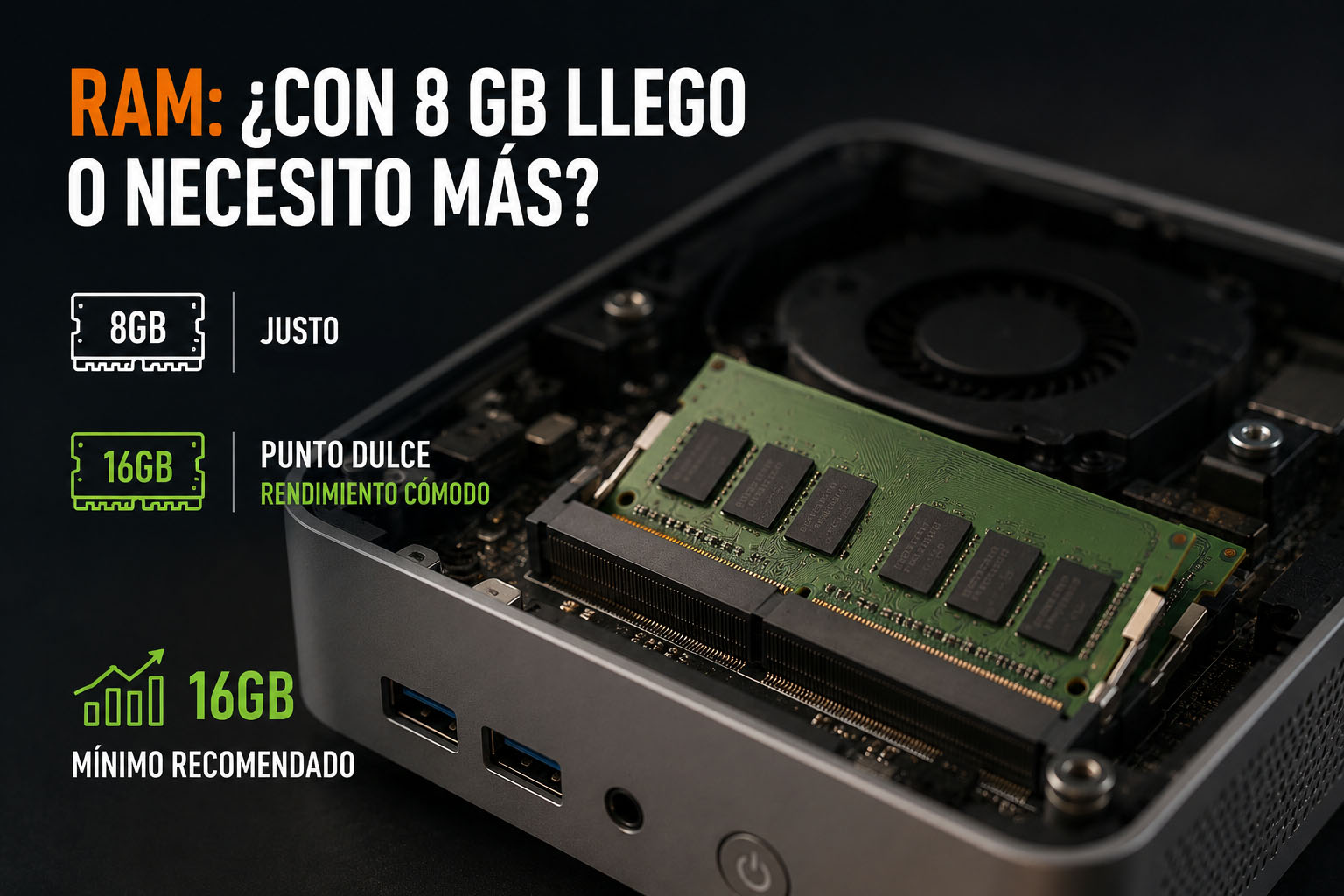 Interior de mini PC con memoria RAM ampliable comparando 8 GB y 16 GB para trabajar desde casa con buen rendimiento y fluidez.