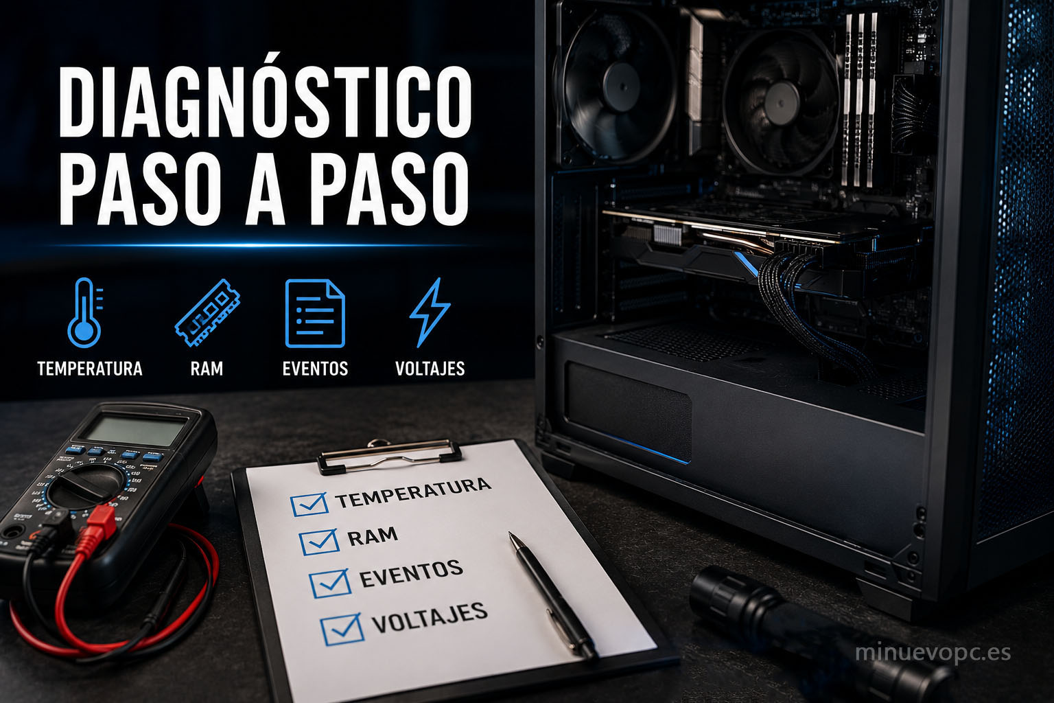 Diagnóstico paso a paso para comprobar si una fuente de alimentación falla mediante voltajes, RAM y temperatura del PC