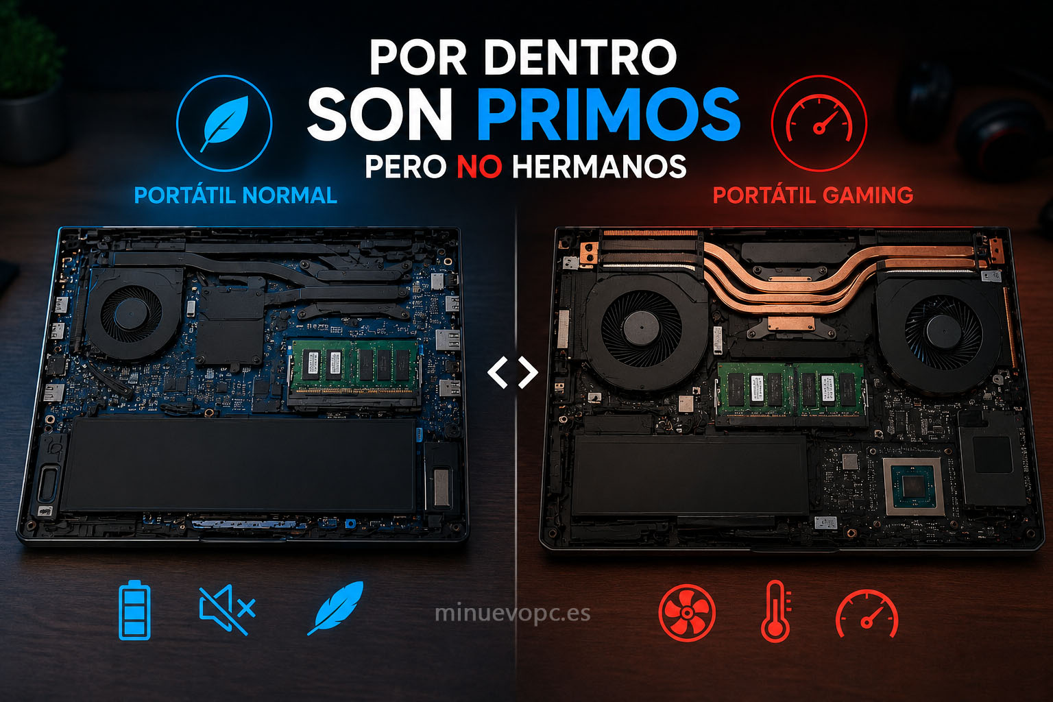 Interior de un portátil gaming y un portátil convencional comparando refrigeración, tarjeta gráfica y componentes para entender sus diferencias reales