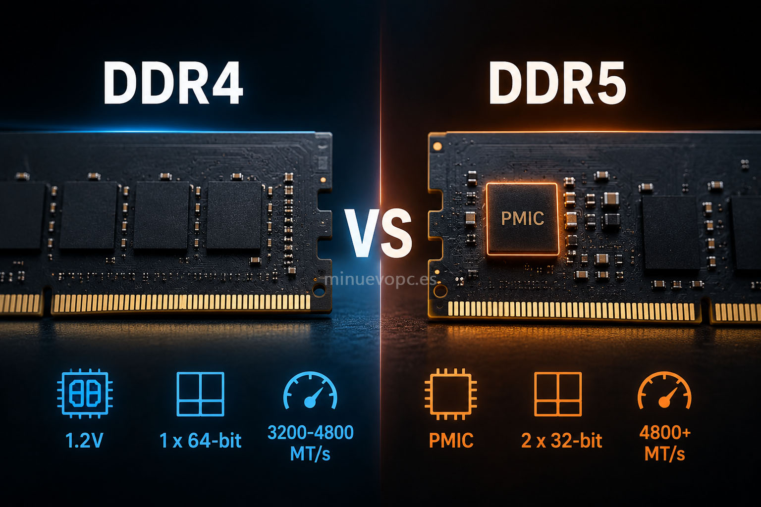 Módulos de memoria DDR4 y DDR5 comparados en un equipo actual para analizar velocidad, capacidad y rendimiento práctico.
