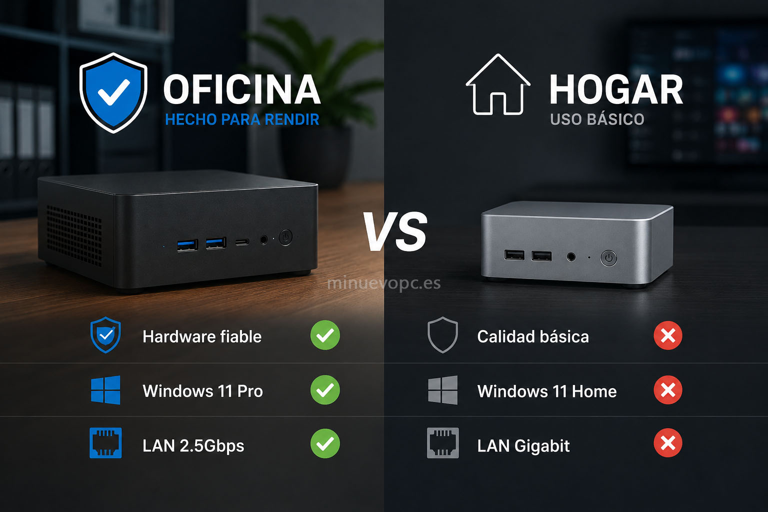 Comparativa entre un mini PC profesional y uno doméstico con diferencias en hardware, Windows Pro y conectividad para entornos de empresa