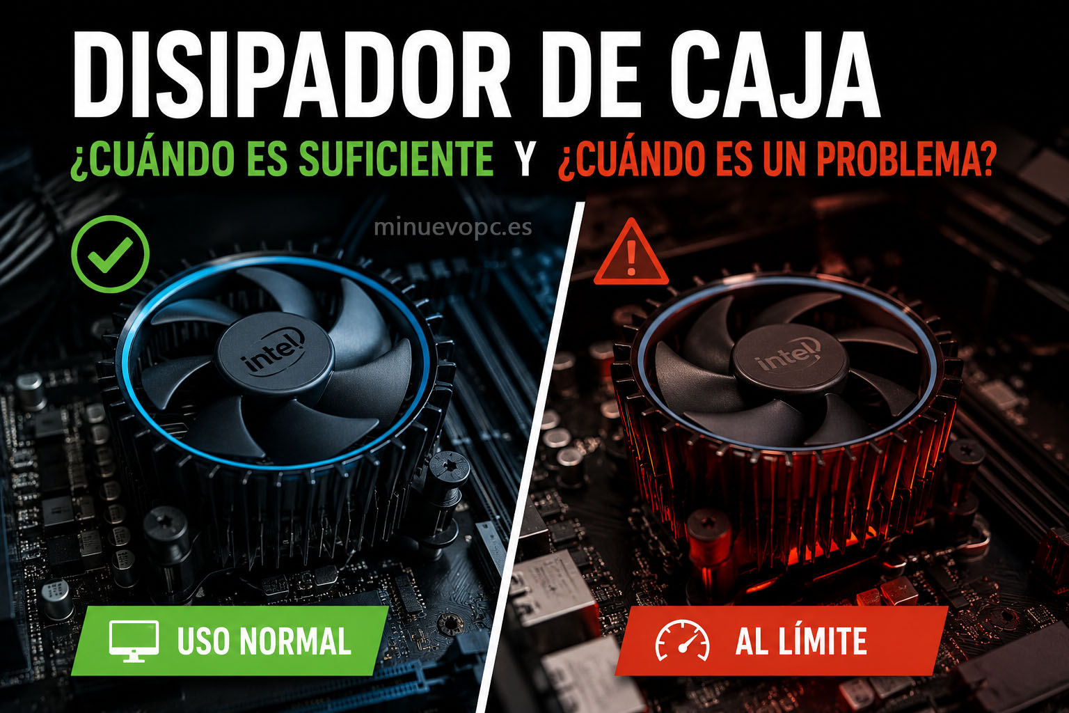 Disipador de serie incluido con el procesador mostrando cuándo es suficiente para uso diario y cuándo puede limitar el rendimiento