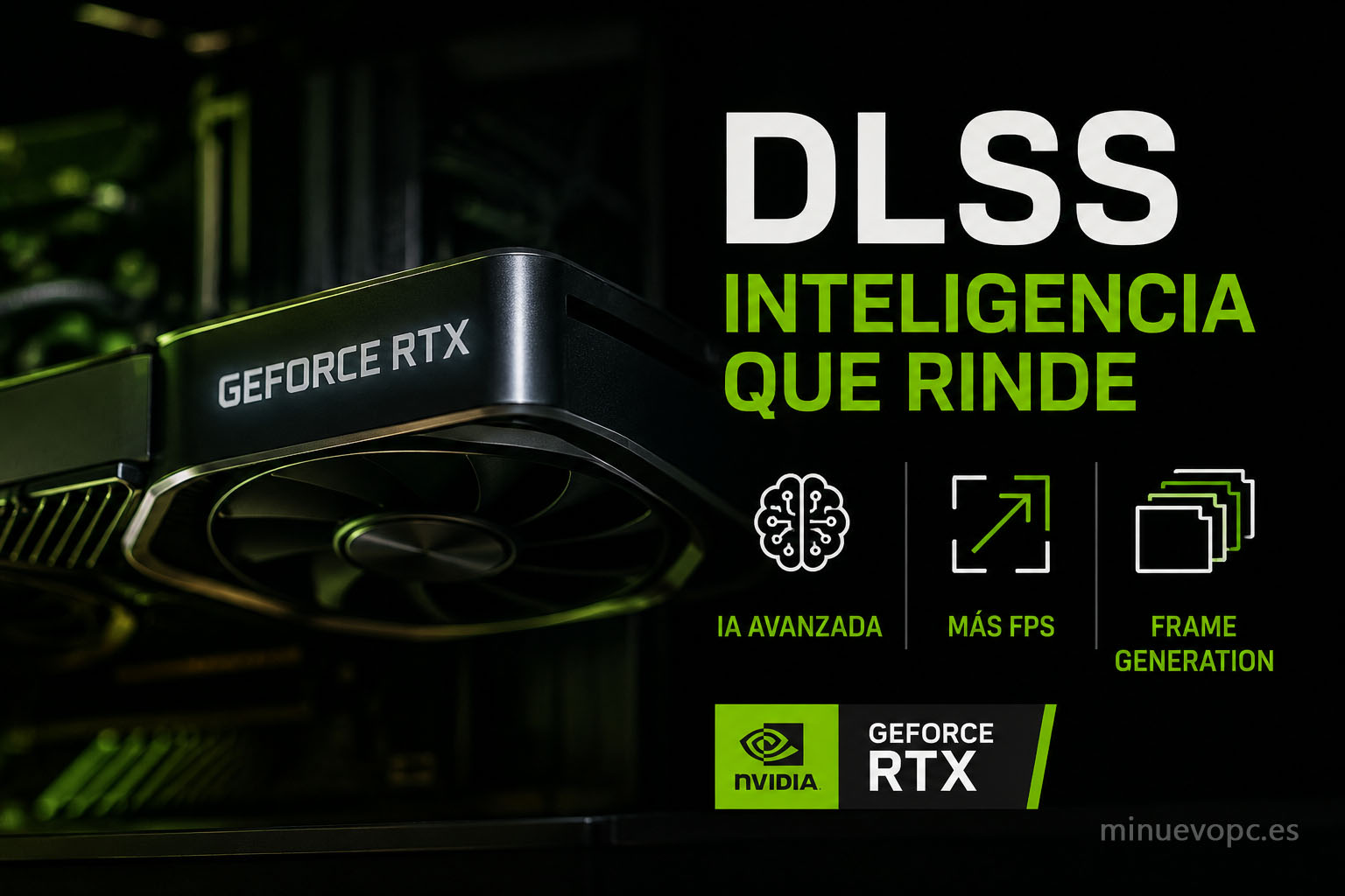 Tarjeta gráfica GeForce RTX con tecnología DLSS e inteligencia artificial para aumentar FPS y calidad de imagen en juegos exigentes.