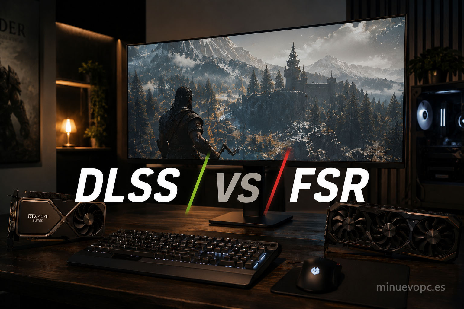 Comparativa DLSS vs FSR en un PC gaming con gráfica dedicada, mostrando diferencias de rendimiento, calidad visual y escalado en juegos.
