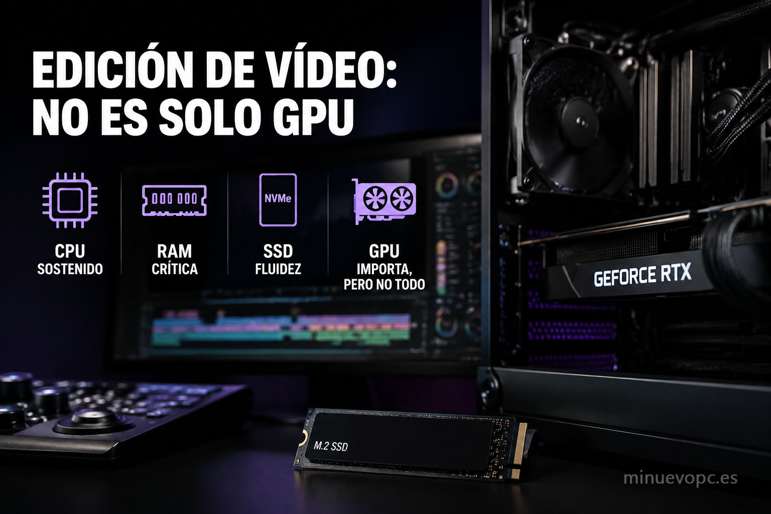 Mesa de edición con PC gaming y componentes CPU, RAM, SSD y GPU mostrando por qué los PCs para edición de vídeo necesitan más que una gráfica potente